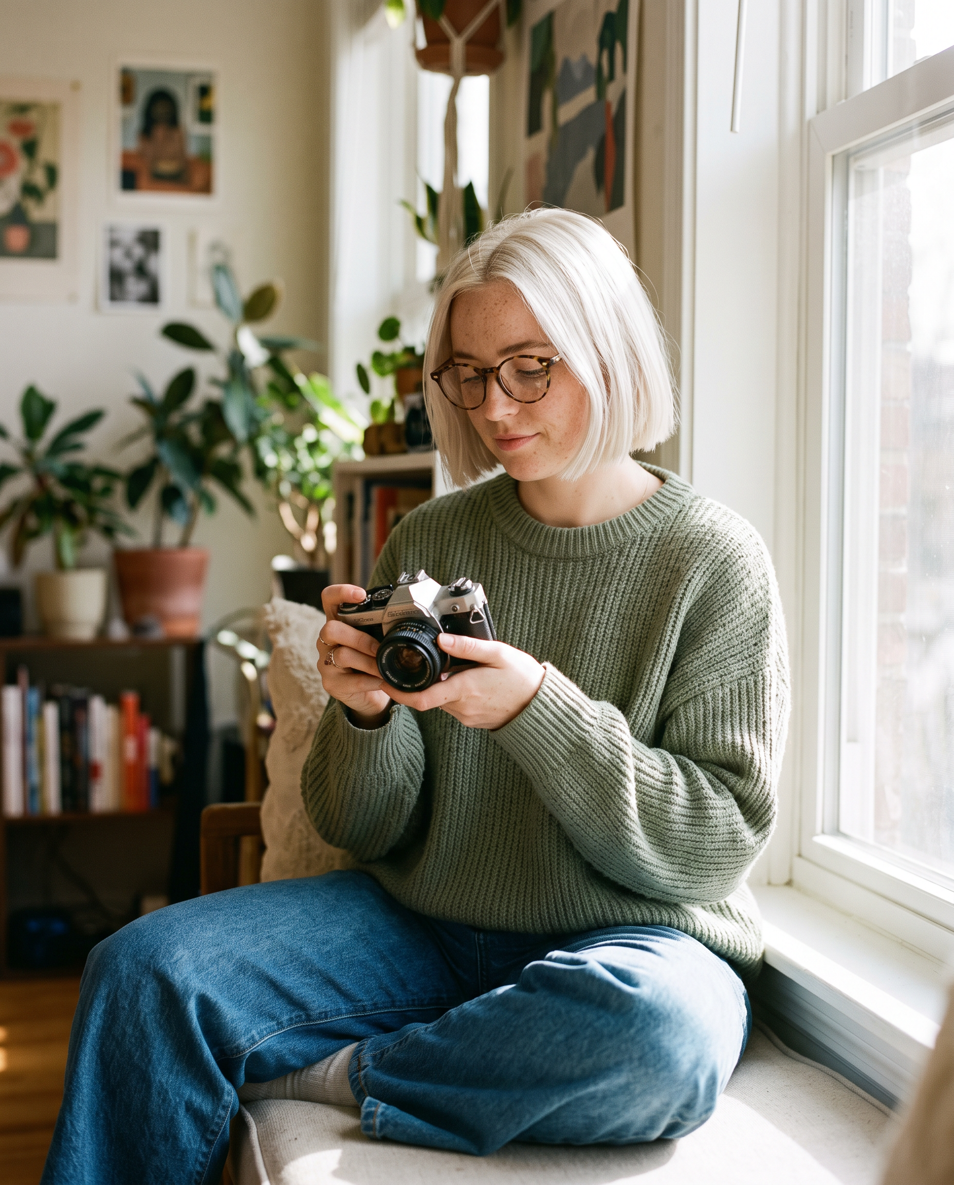 The base portrait: a woman with a platinum bob, freckles and round glasses holds a film camera by a sunny window