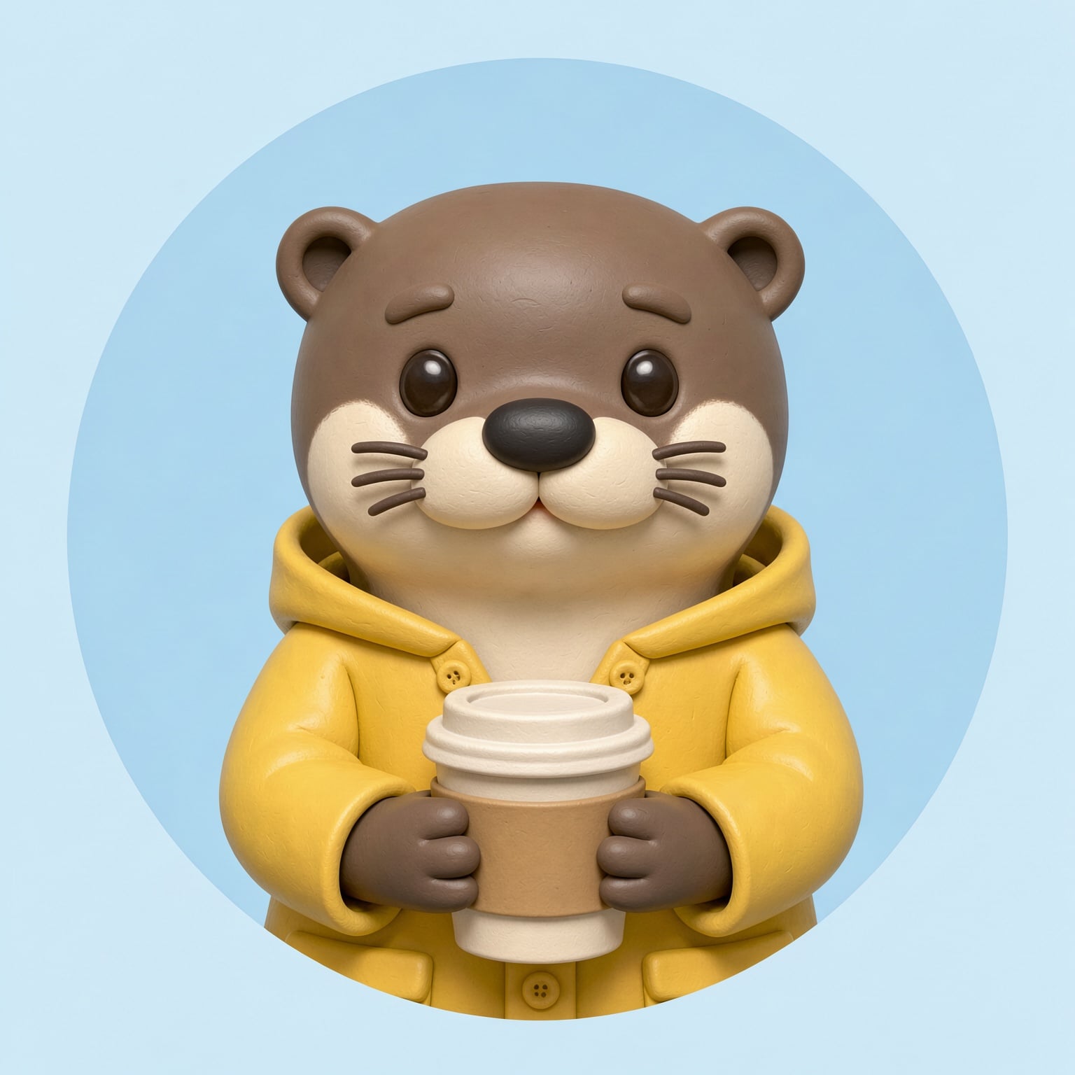 A 3D clay style otter in a yellow raincoat holding a coffee cup on a pale blue circle