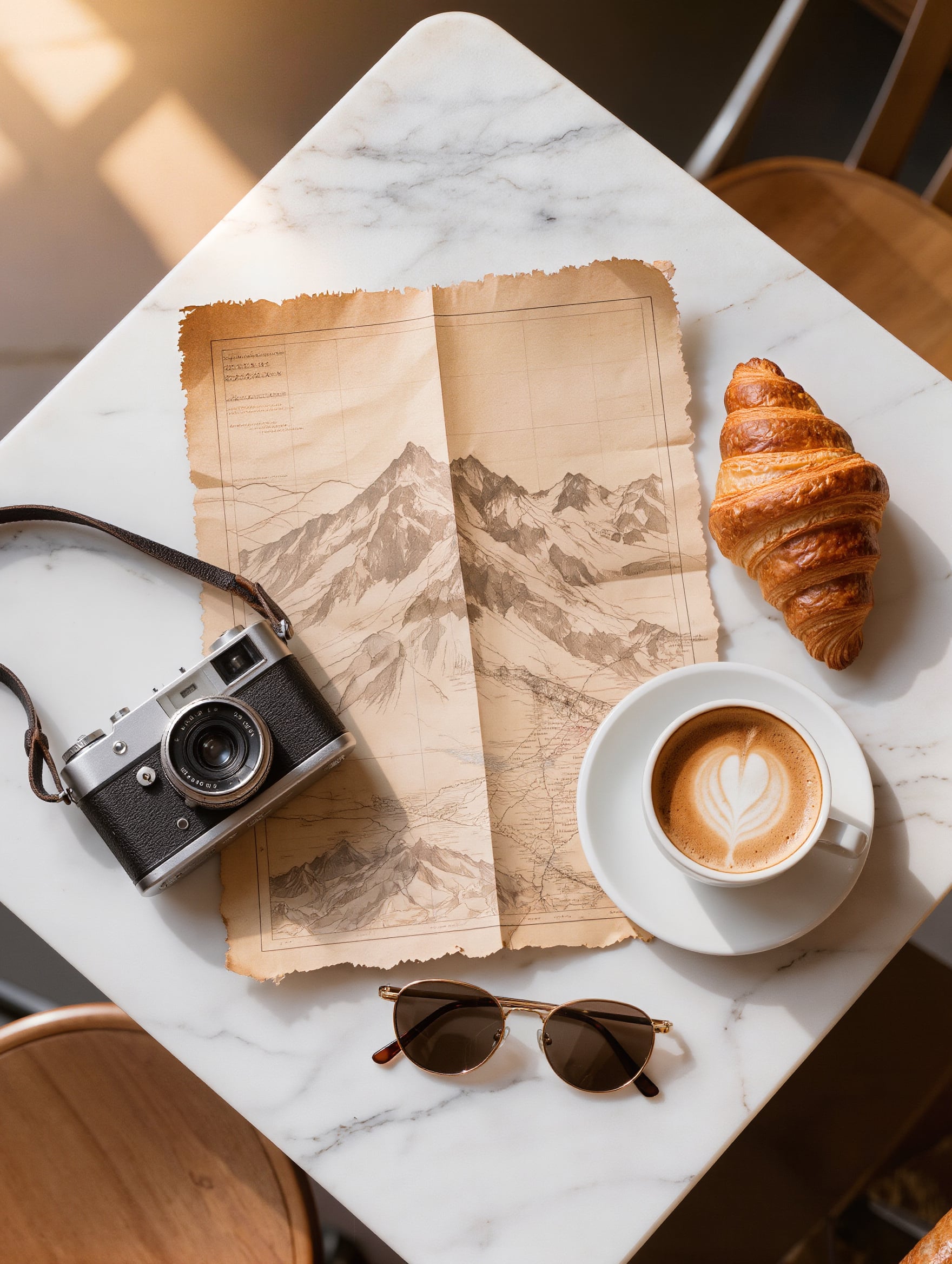 Overhead flat lay of a sketched mountain map, a film camera, a croissant, a latte and sunglasses on a marble cafe table