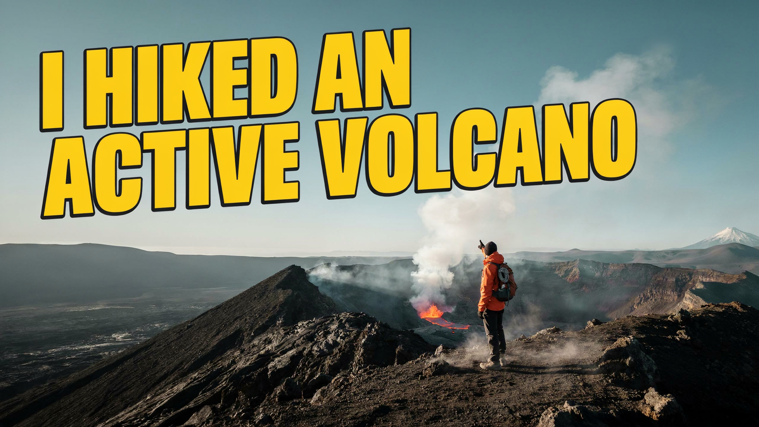 A video thumbnail reading I HIKED AN ACTIVE VOLCANO with a hiker in an orange jacket on a smoking crater rim