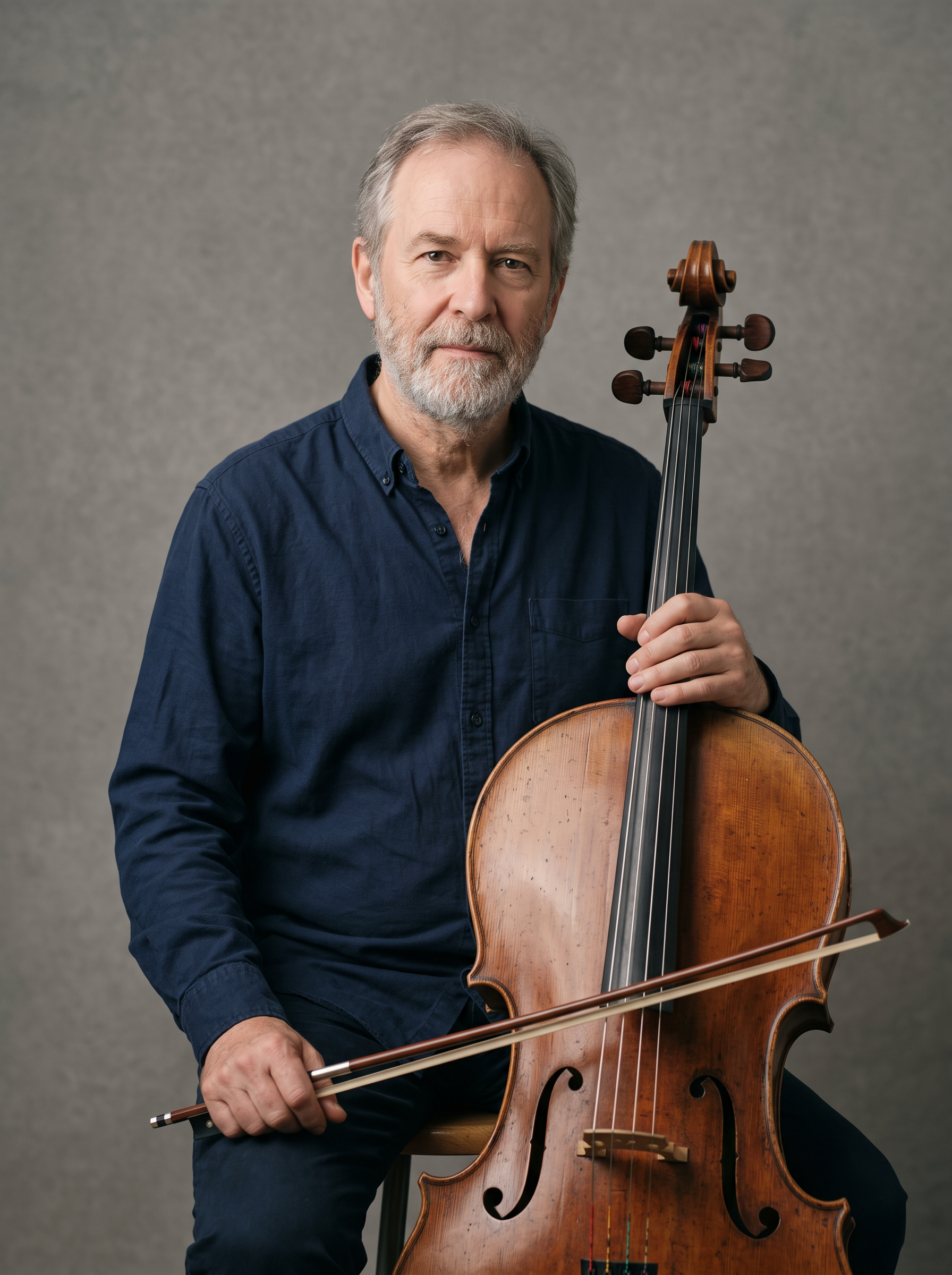 A bearded cellist in a navy shirt sits with his cello against a flat grey studio backdrop