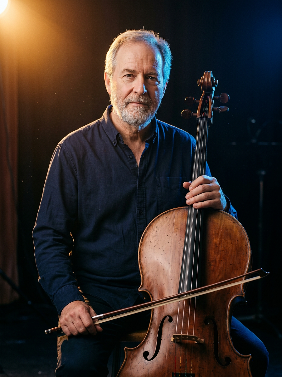 The same cellist lit like a concert stage with a warm spotlight from above and a dark blue background