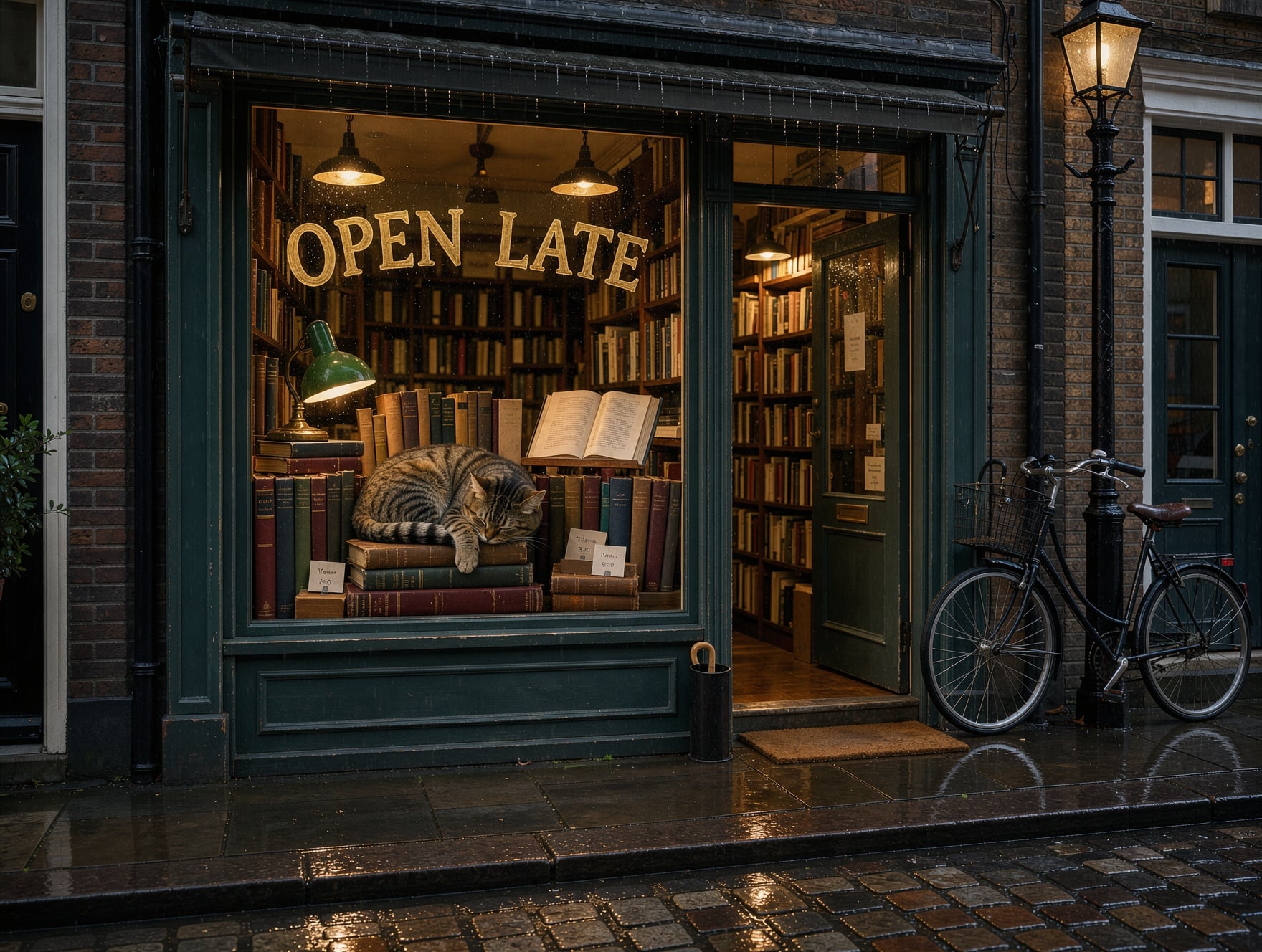 FLUX 3 Image: a green painted storefront with clean OPEN LATE lettering and the bicycle by the door