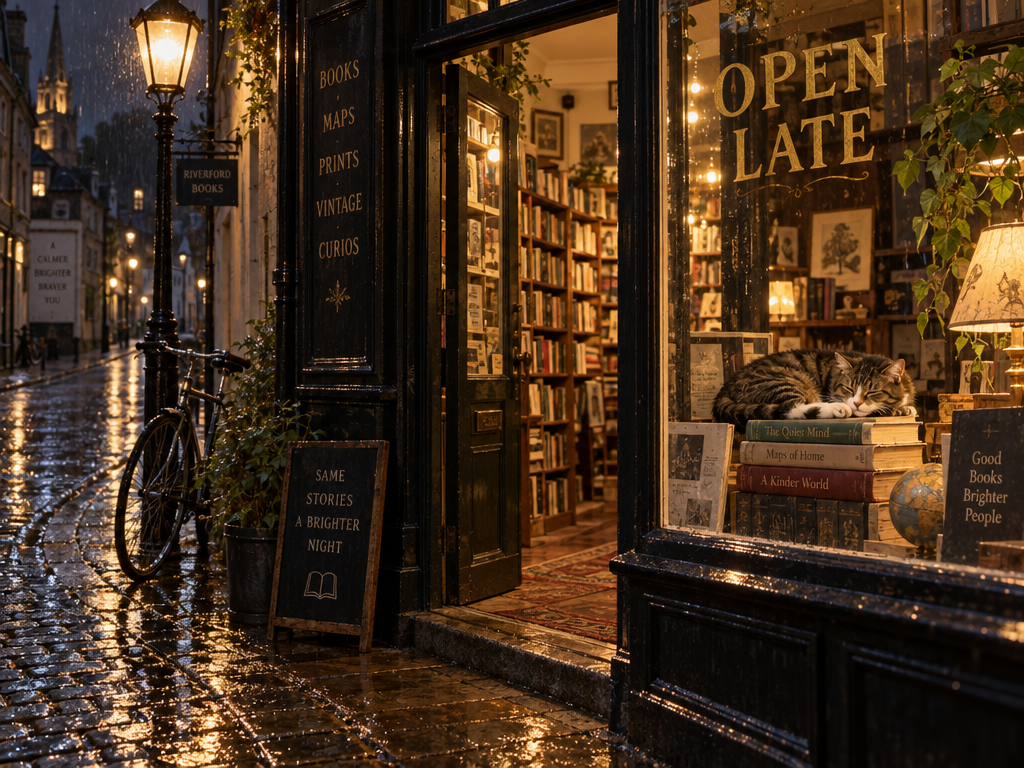 GPT Image 2.5: the bookshop with an open door, a chalkboard sign and OPEN LATE in gold on the window