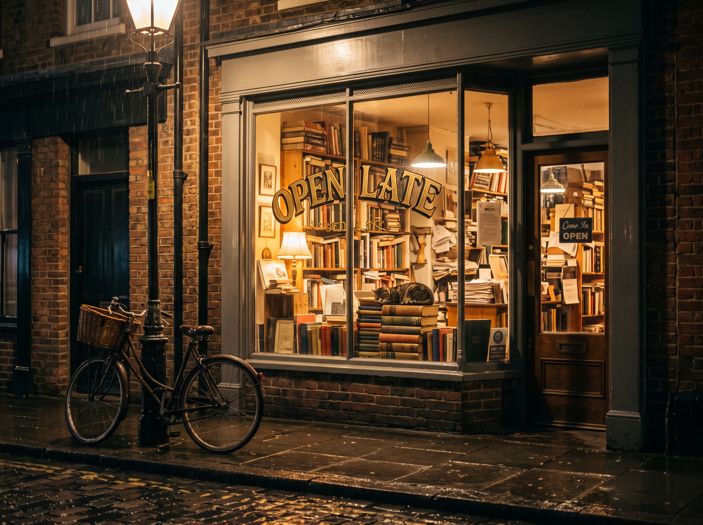 Nano Banana 2.1: a wide brick shopfront with arched OPEN LATE lettering and a basket bicycle at the lamp post
