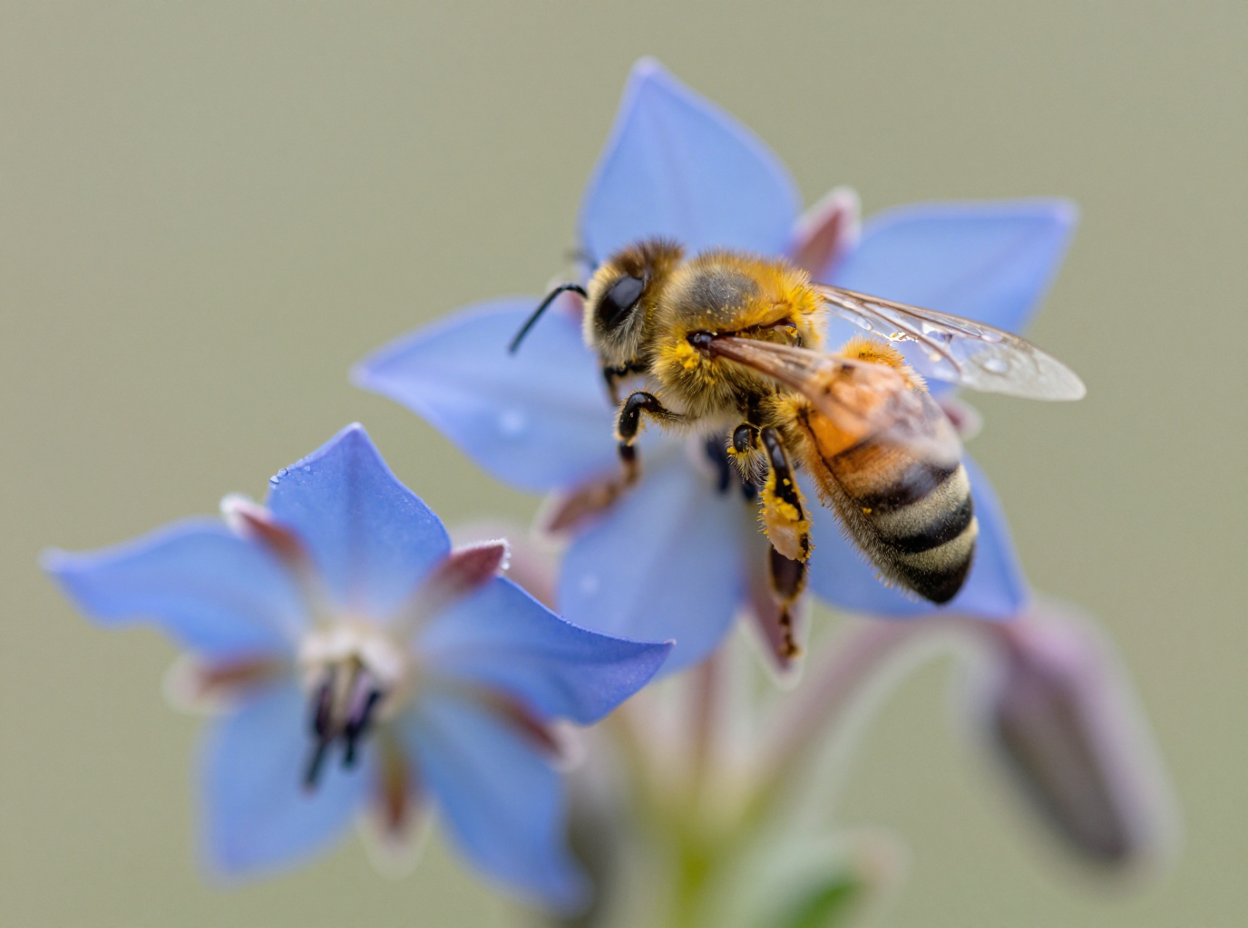 A honeybee covered in pollen on a blue borage flower against a soft green background