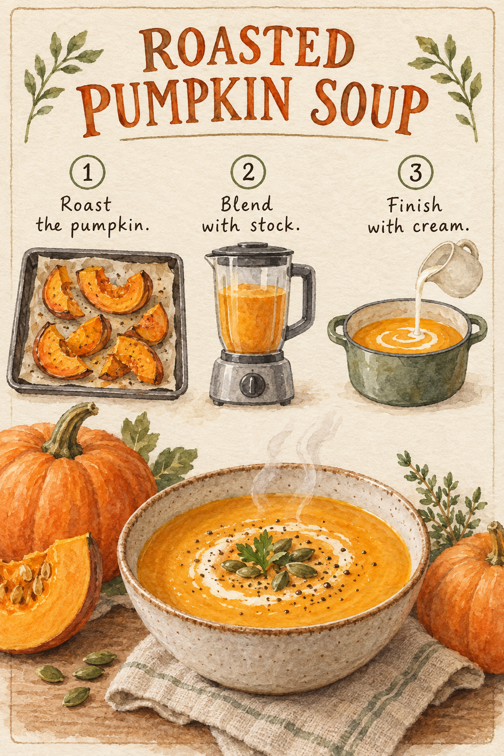 A watercolor recipe card titled ROASTED PUMPKIN SOUP with three numbered steps, pumpkins and a steaming bowl