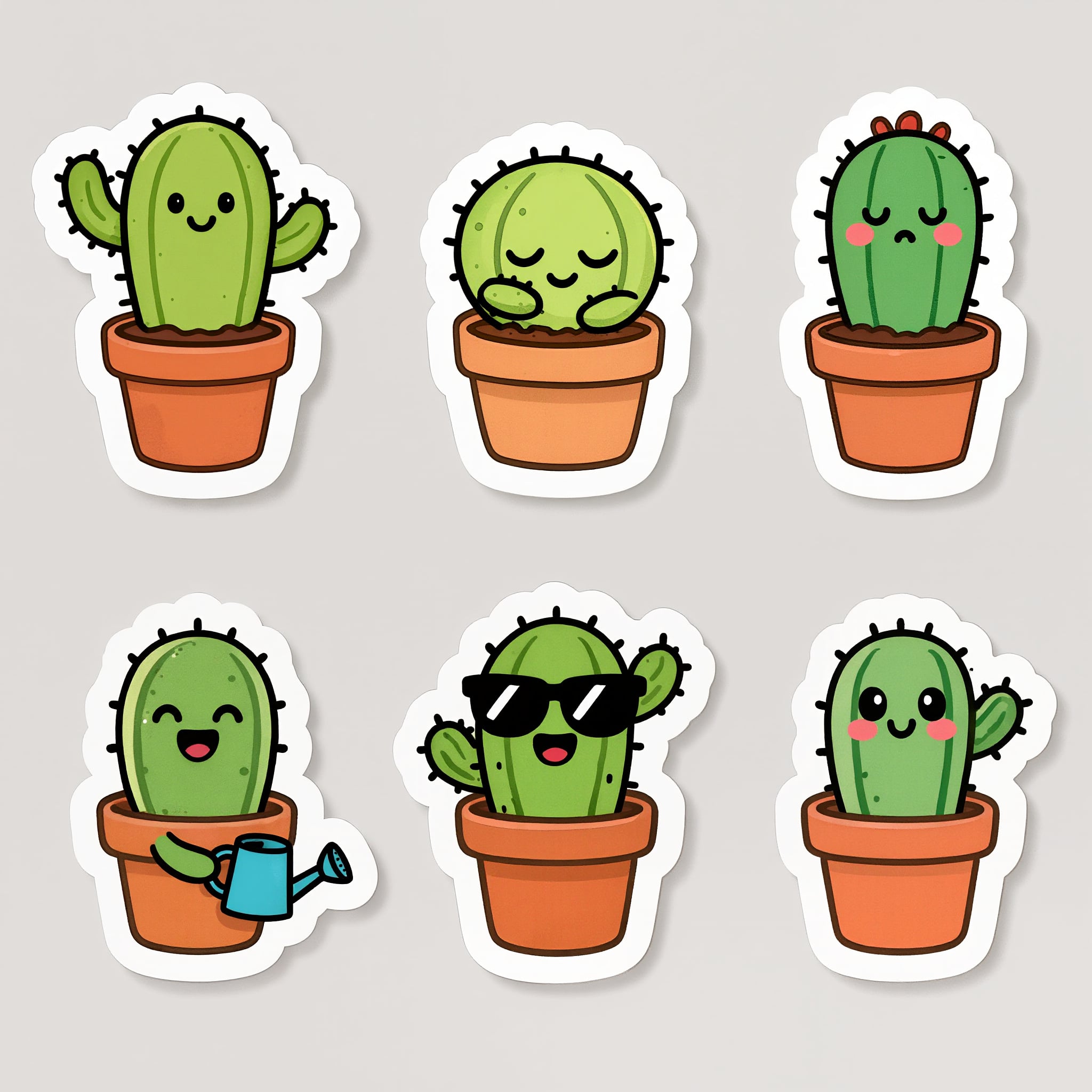 Six cartoon cactus stickers in terracotta pots with different faces, one wearing sunglasses