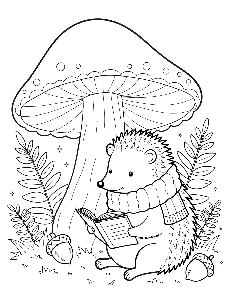 A coloring book page of a hedgehog in a scarf reading under a mushroom among ferns and acorns