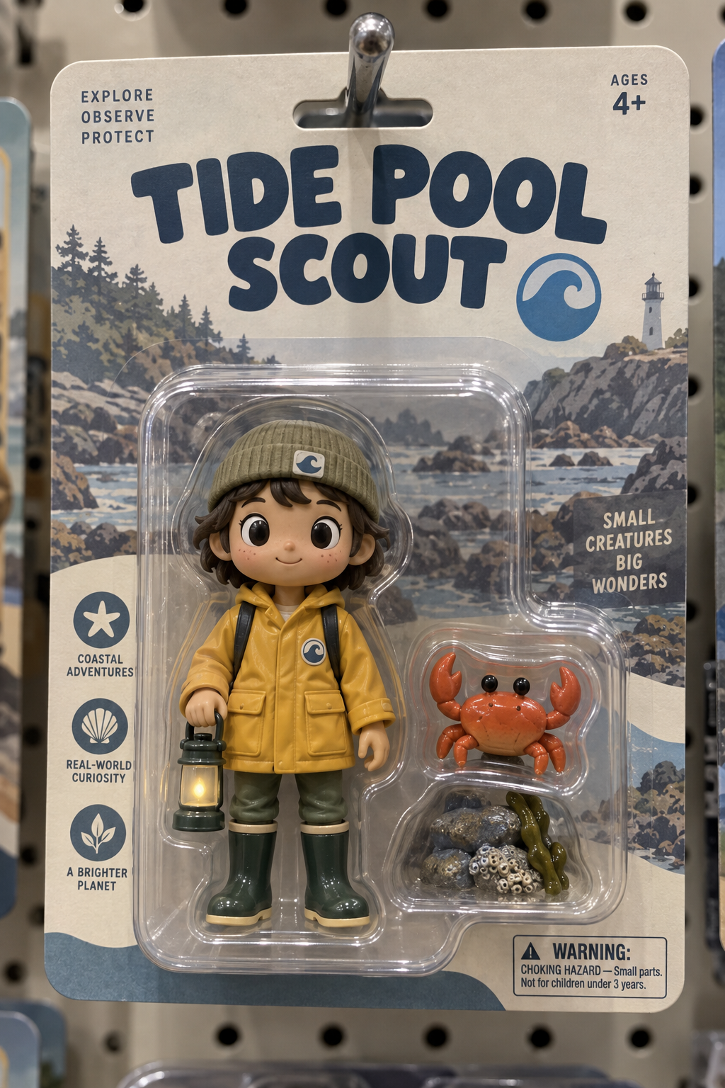 GPT Image 2.5: the TIDE POOL SCOUT pack with a full card design, a beanie wearing figure, lantern and crab