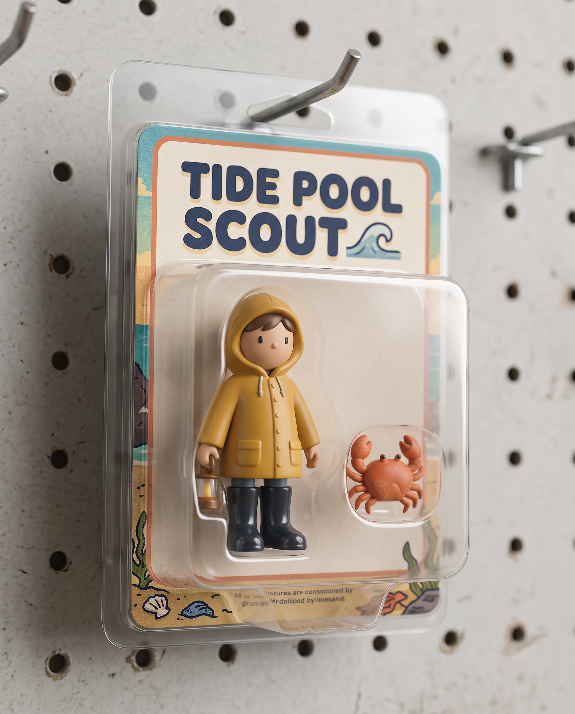 Nano Banana 2.1: the TIDE POOL SCOUT pack with a hooded figure in rubber boots and a crab