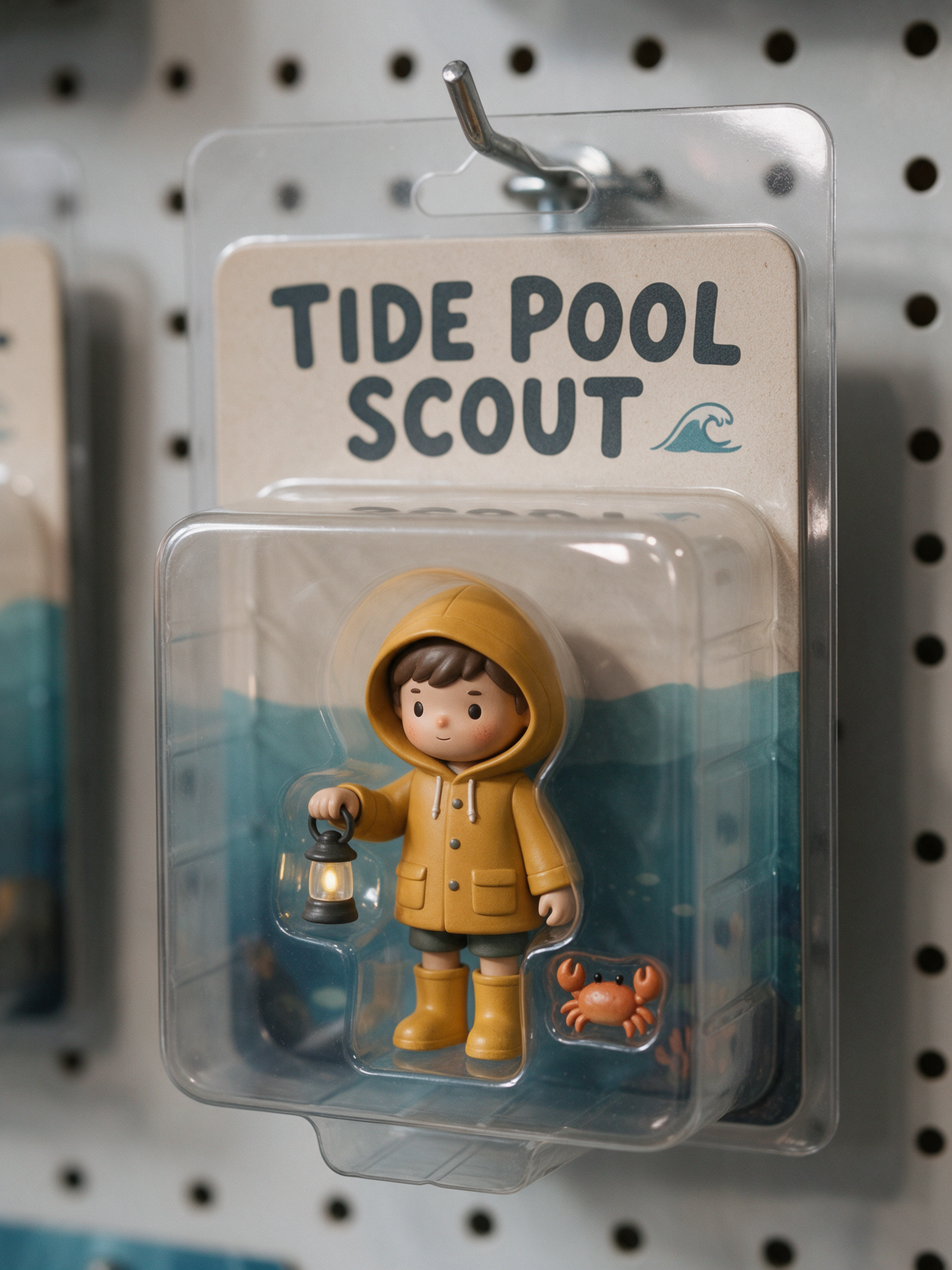 A toy figure in a mustard rain jacket holding a lantern, in a blister pack titled TIDE POOL SCOUT on a pegboard