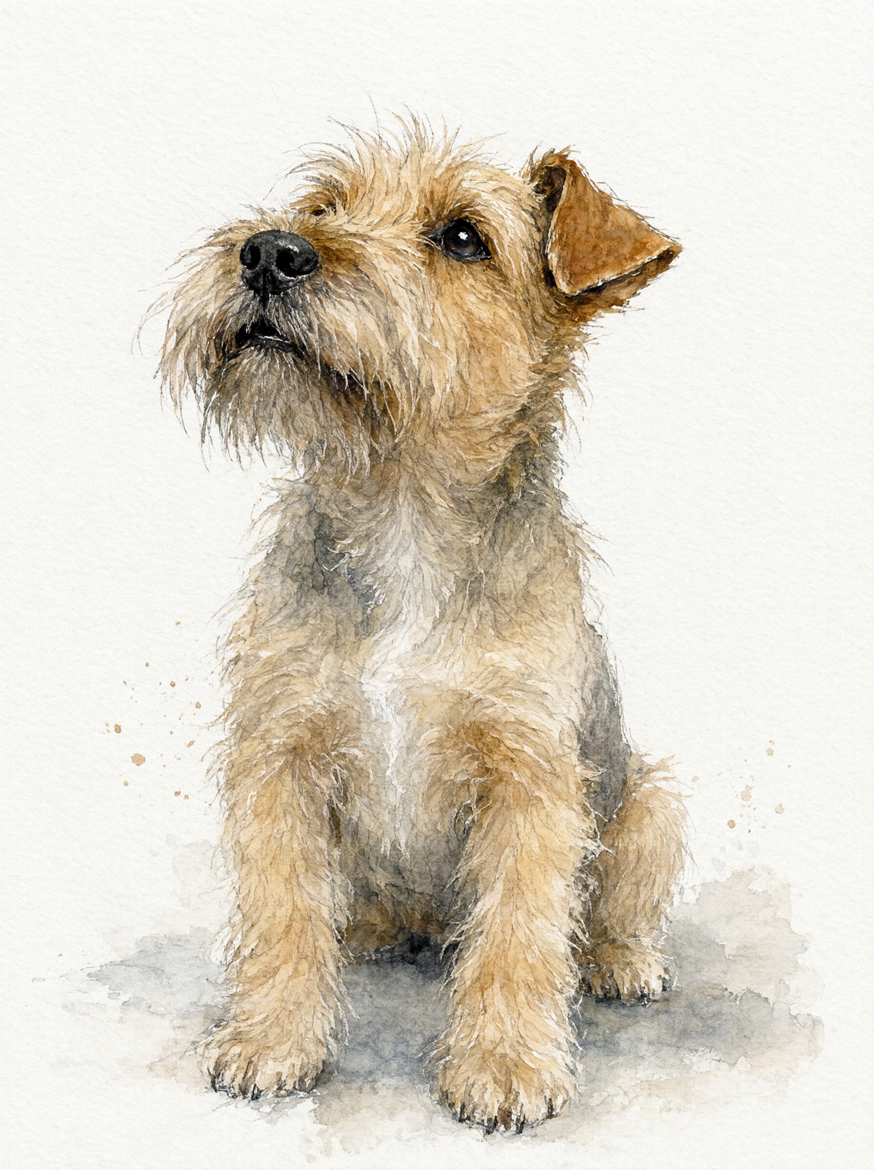 A loose watercolor of a scruffy terrier with one ear flopped over, looking up