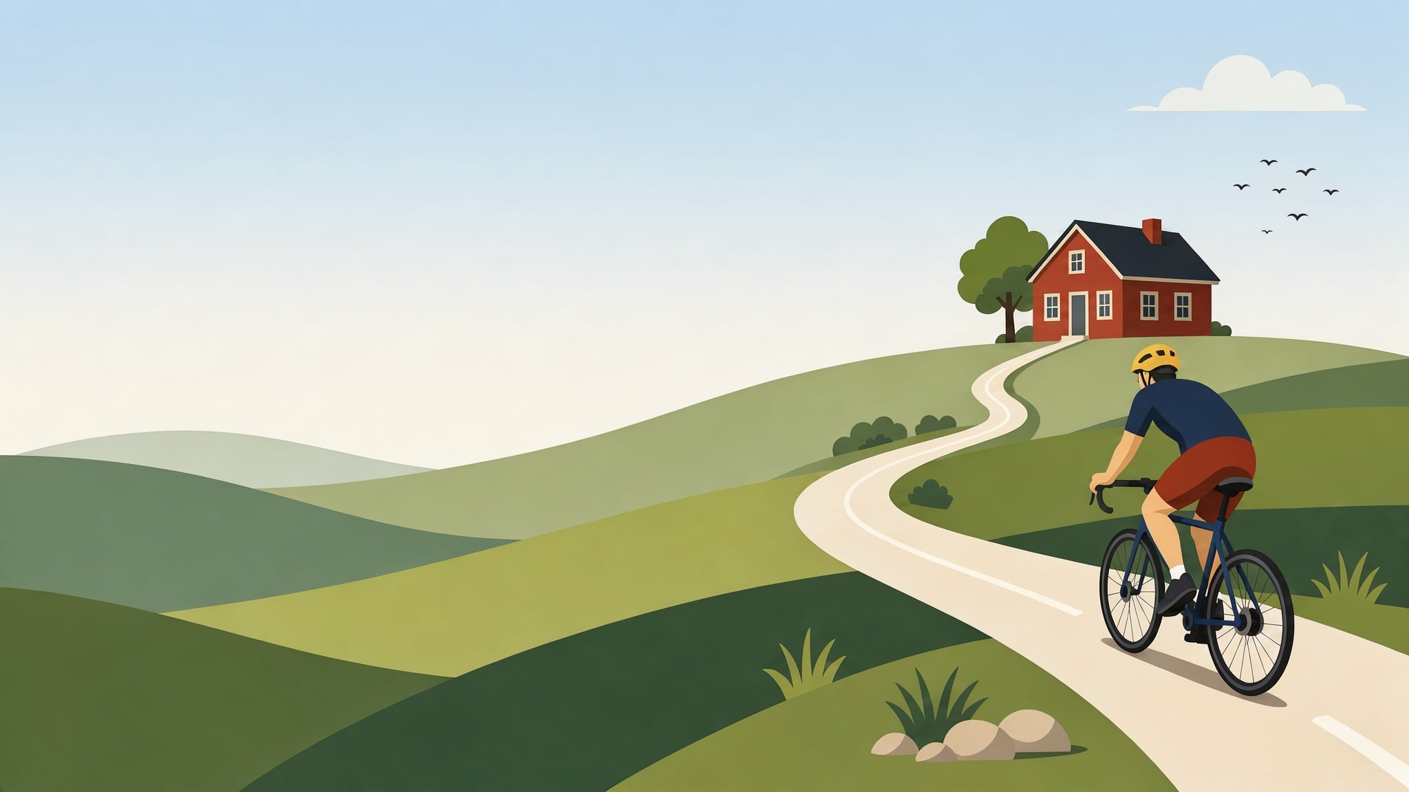 A flat vector banner of a cyclist on a winding road through green hills toward a red farmhouse