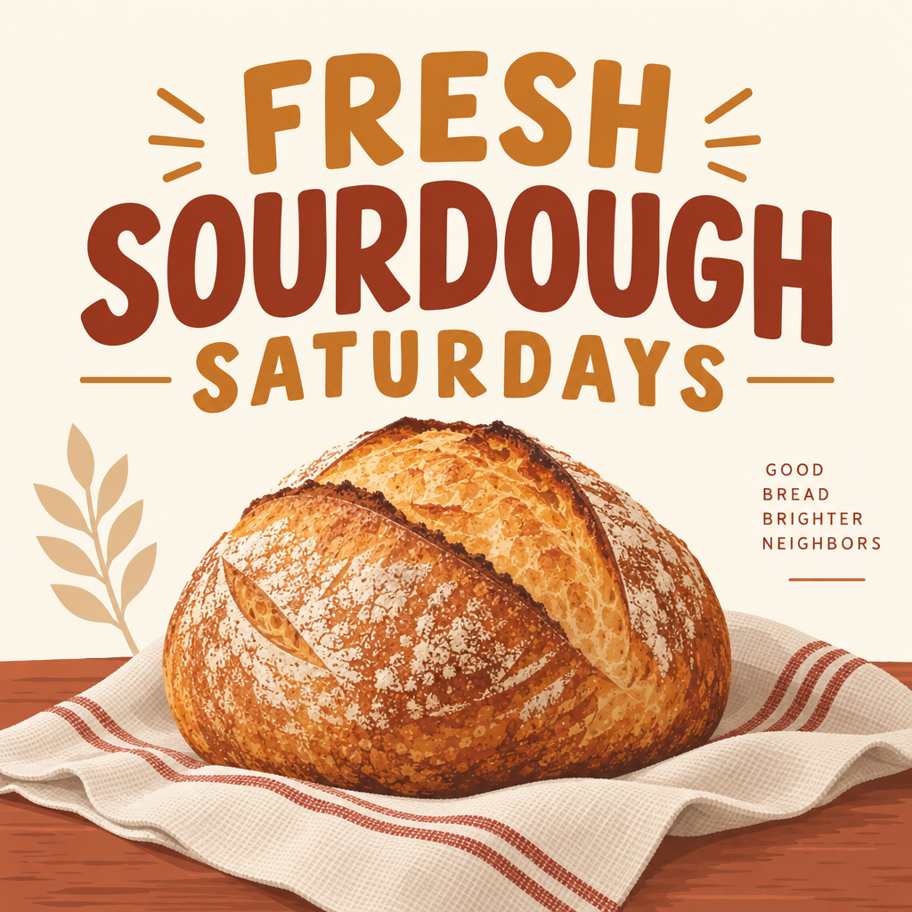 A square bakery post reading FRESH SOURDOUGH SATURDAYS above a golden loaf on a striped linen cloth