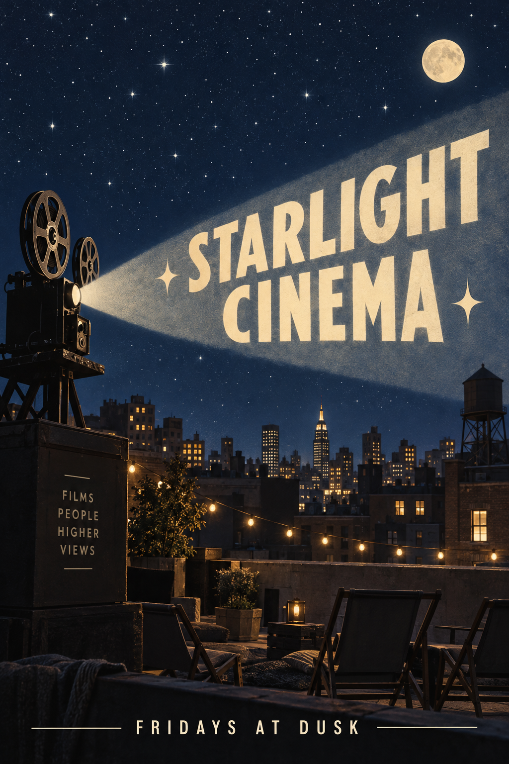 A navy night sky flyer reading STARLIGHT CINEMA with a projector beam over rooftops