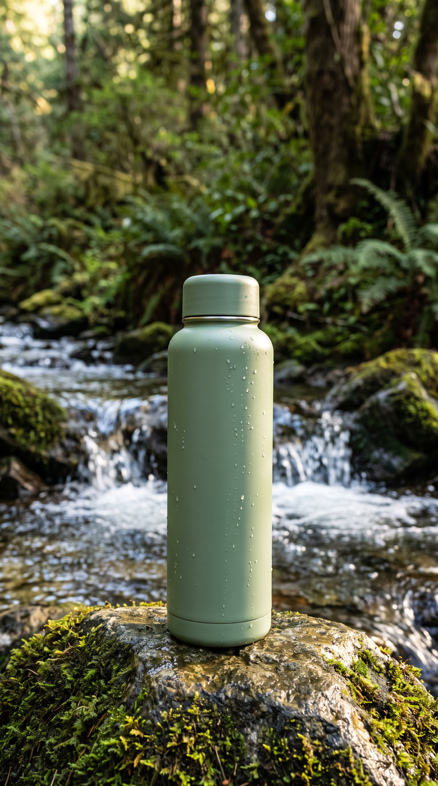 A sage green insulated bottle on a mossy rock beside a clear stream