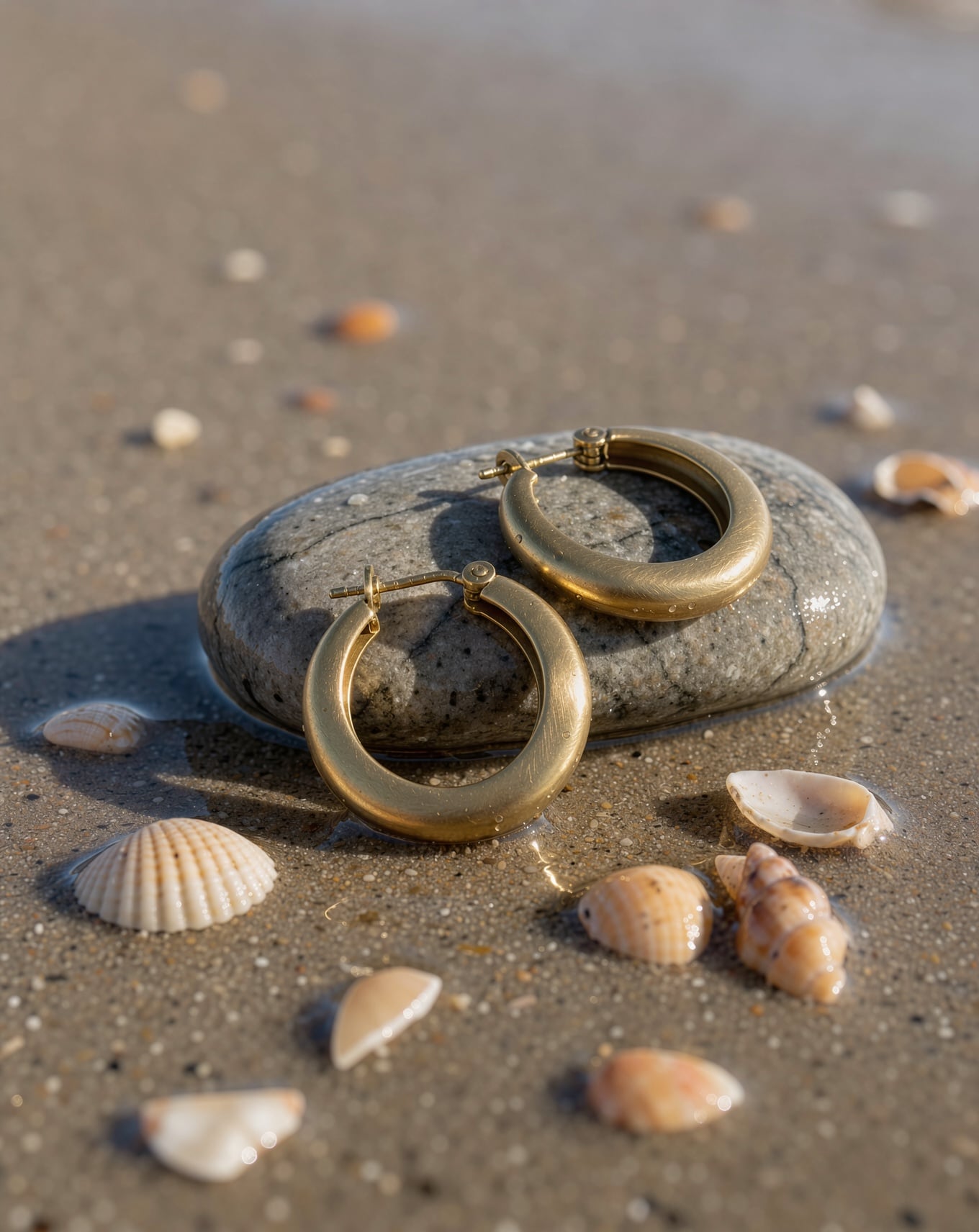 Brushed brass hoop earrings on a gray sea stone on wet sand with small shells