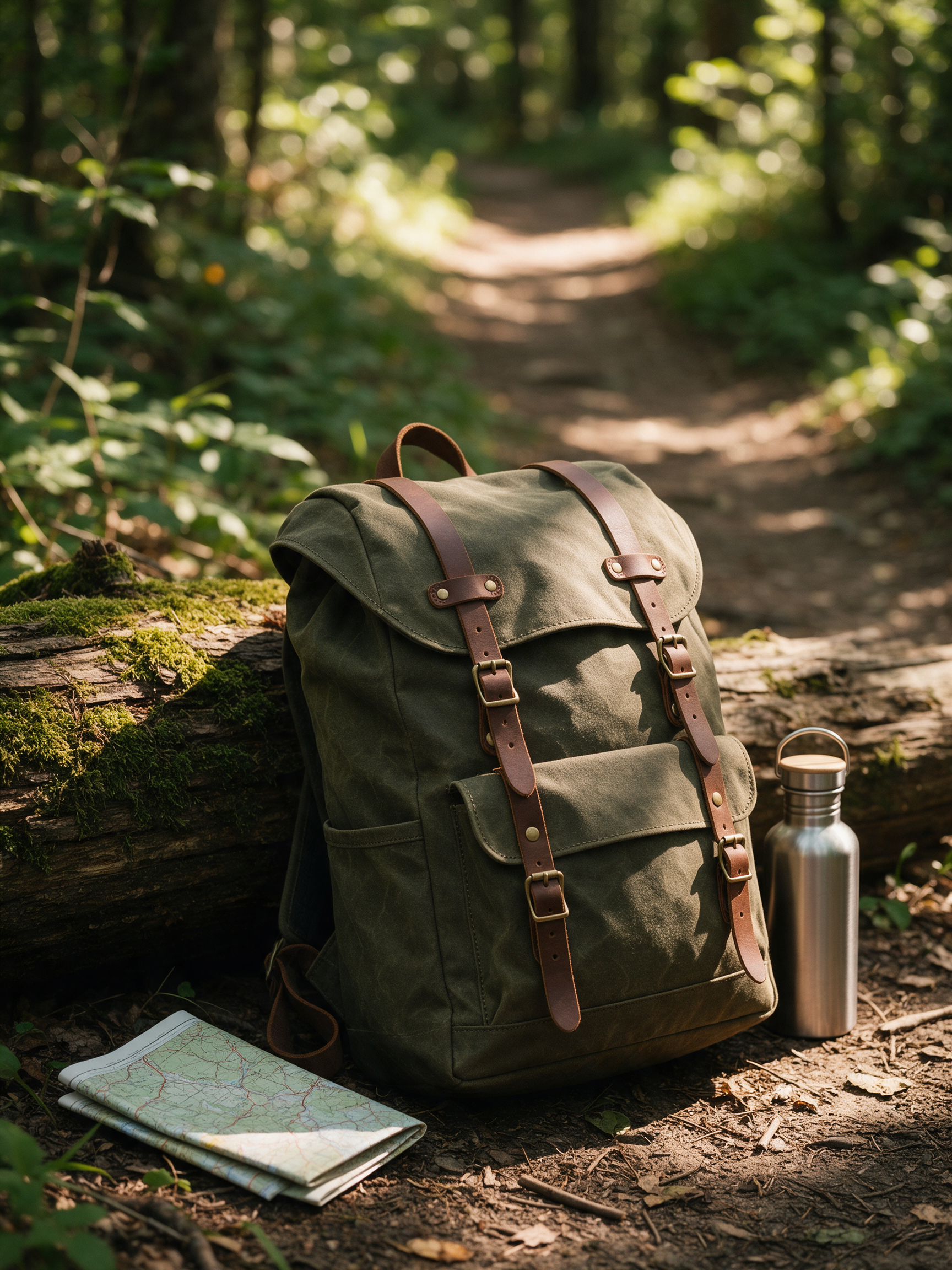 An olive waxed canvas backpack with leather straps against a mossy log on a forest trail