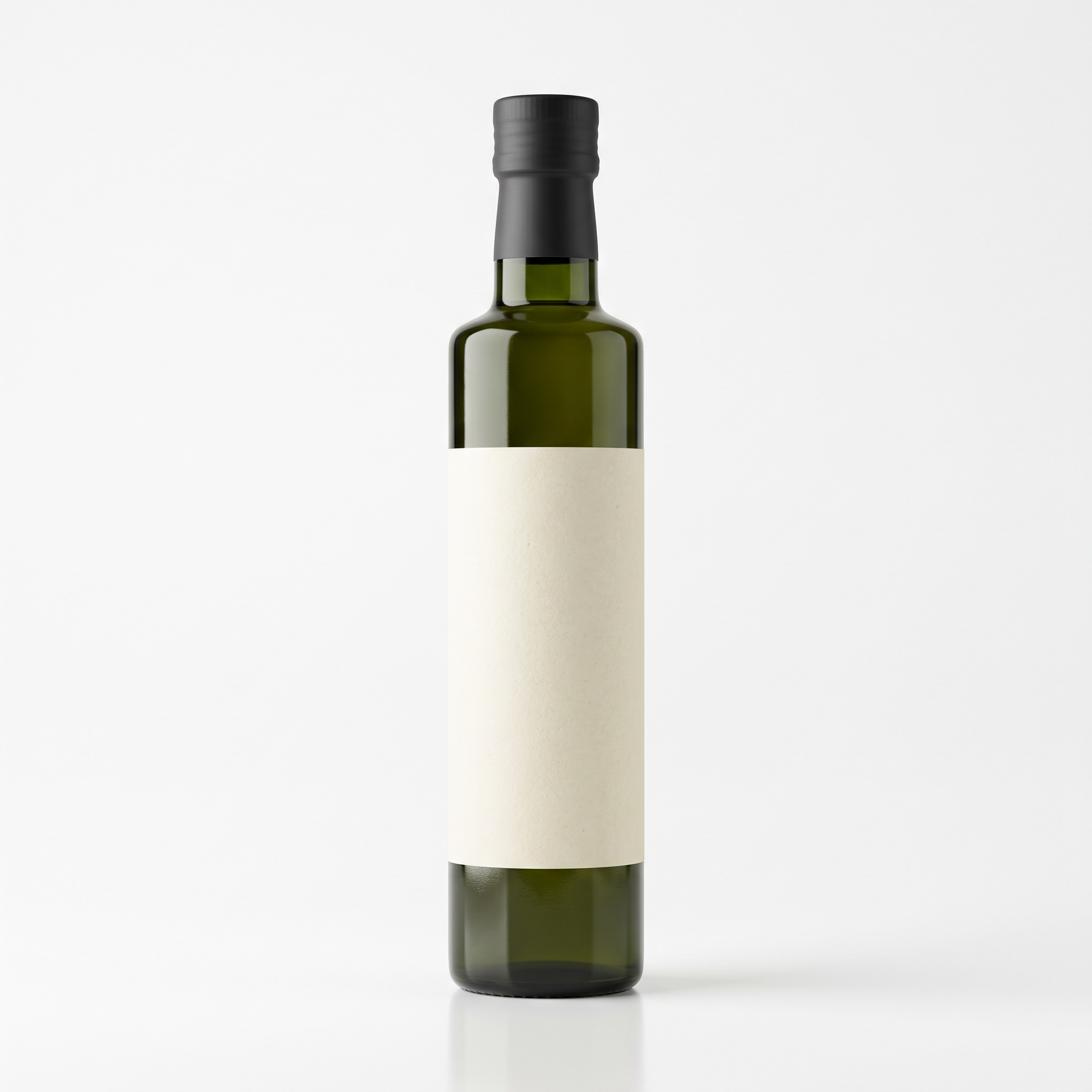 The source: a dark green olive oil bottle with a black cap and a blank cream label on white