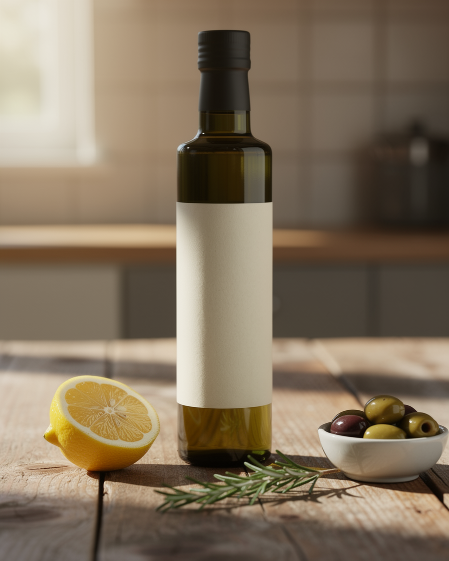 FLUX 2 Pro: the bottle on a wooden table in moody side light with a lemon, rosemary and olives