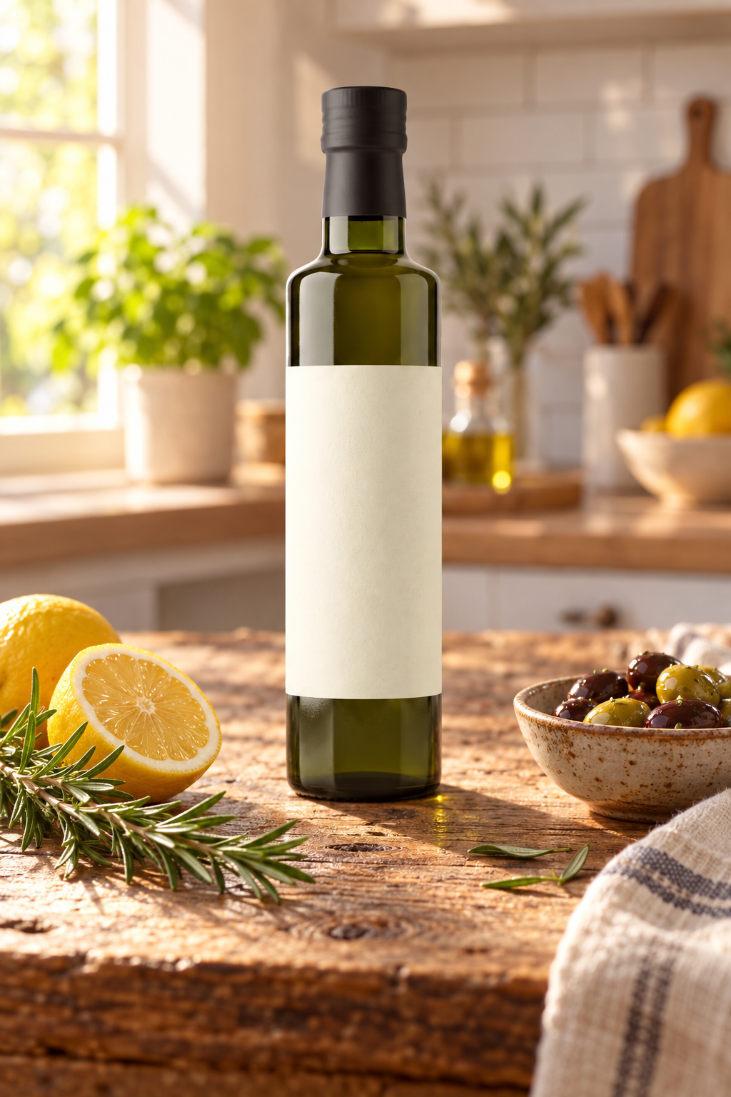 GPT Image 2.5: the bottle on a worn wooden table with a lemon, rosemary and olives, warm kitchen behind