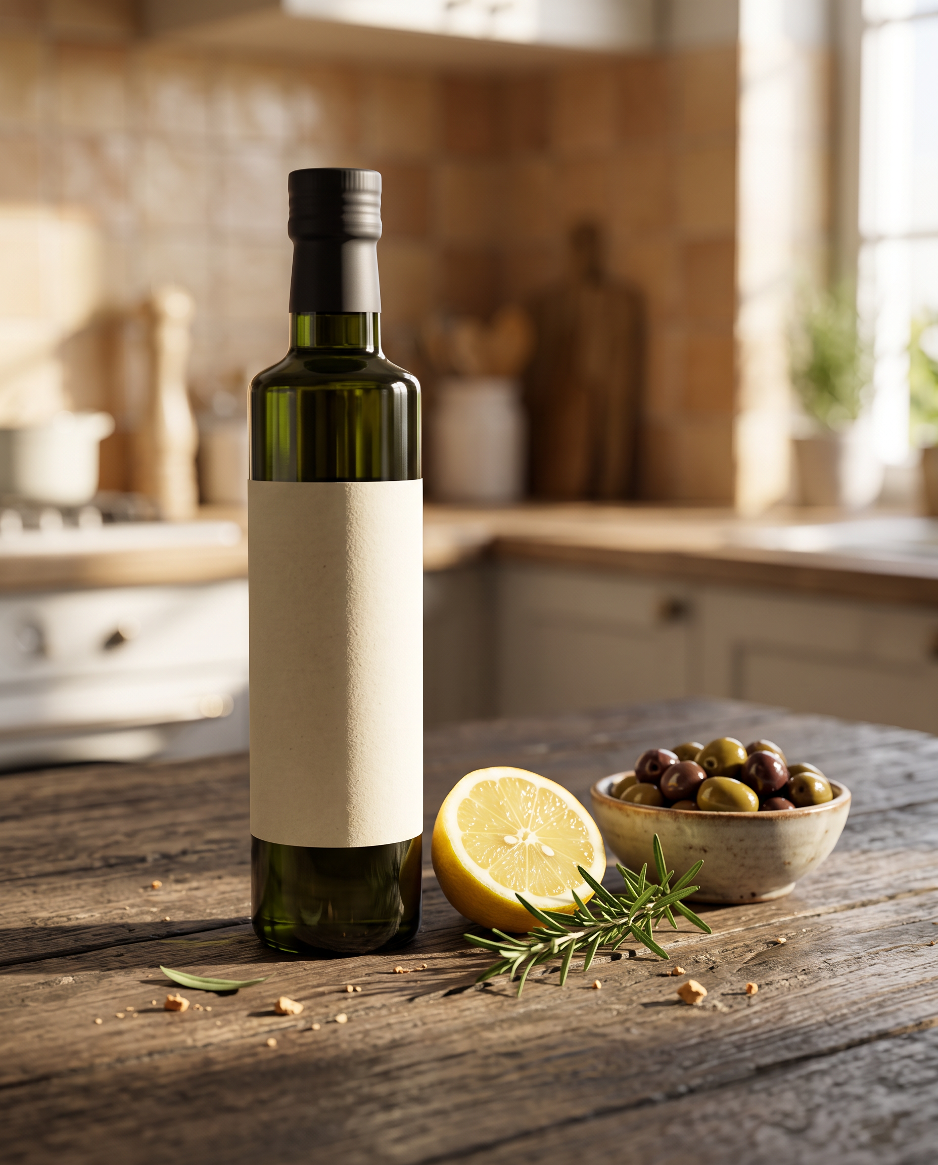 Nano Banana 2.1: the bottle on a rustic table with a lemon, rosemary and olives in a sunlit tiled kitchen