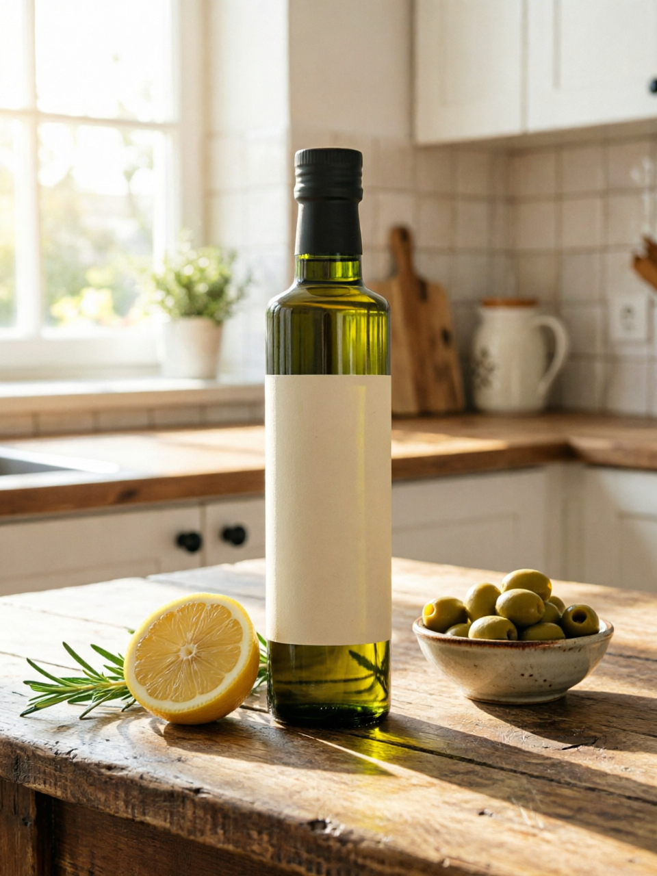 Qwen Image 2 Edit: the bottle on a bright kitchen table with a lemon, rosemary and green olives
