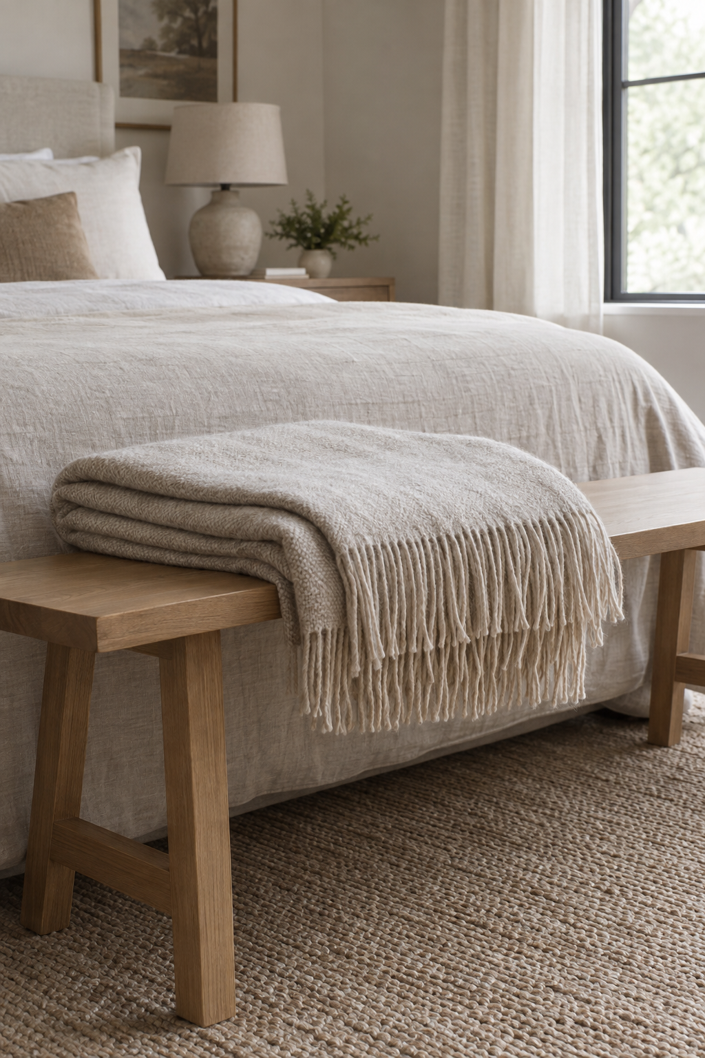 A folded oatmeal wool throw with fringe on an oak bench at the foot of a bed