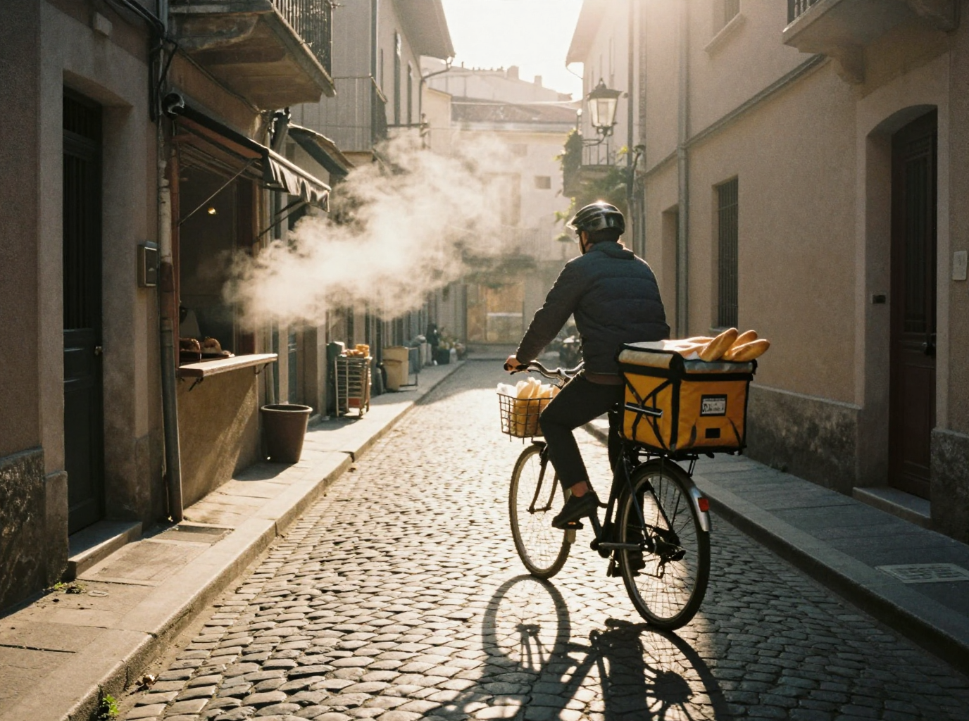 Un livreur à vélo avec un panier de baguettes descend une ruelle pavée ensoleillée et passe devant la vapeur qui s’échappe d’une boulangerie