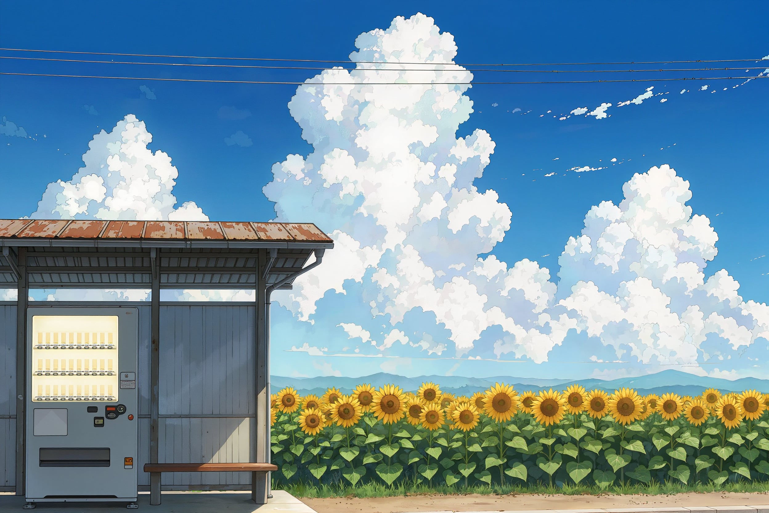 Un arrêt de bus de campagne au style anime, avec un toit en tôle et un distributeur lumineux près d’un champ de tournesols, sous de grands nuages d’été
