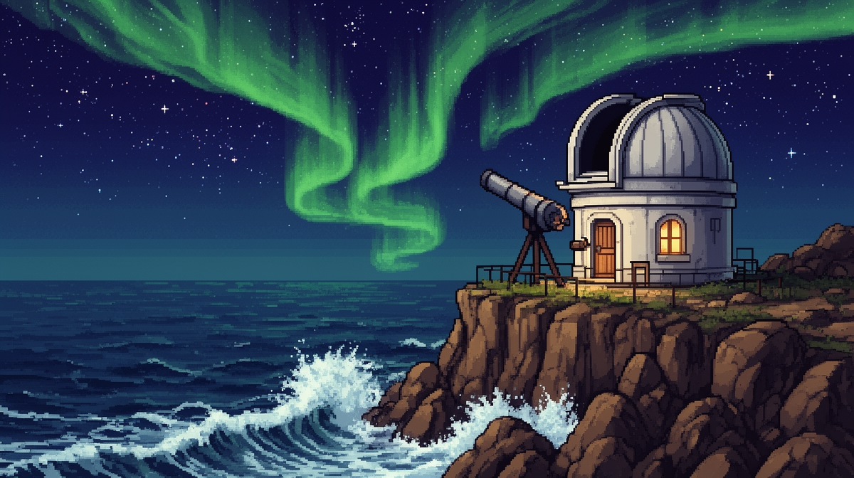 Un observatoire à coupole en pixel art sur une falaise en bord de mer, de nuit, avec un télescope, des étoiles et une aurore verte