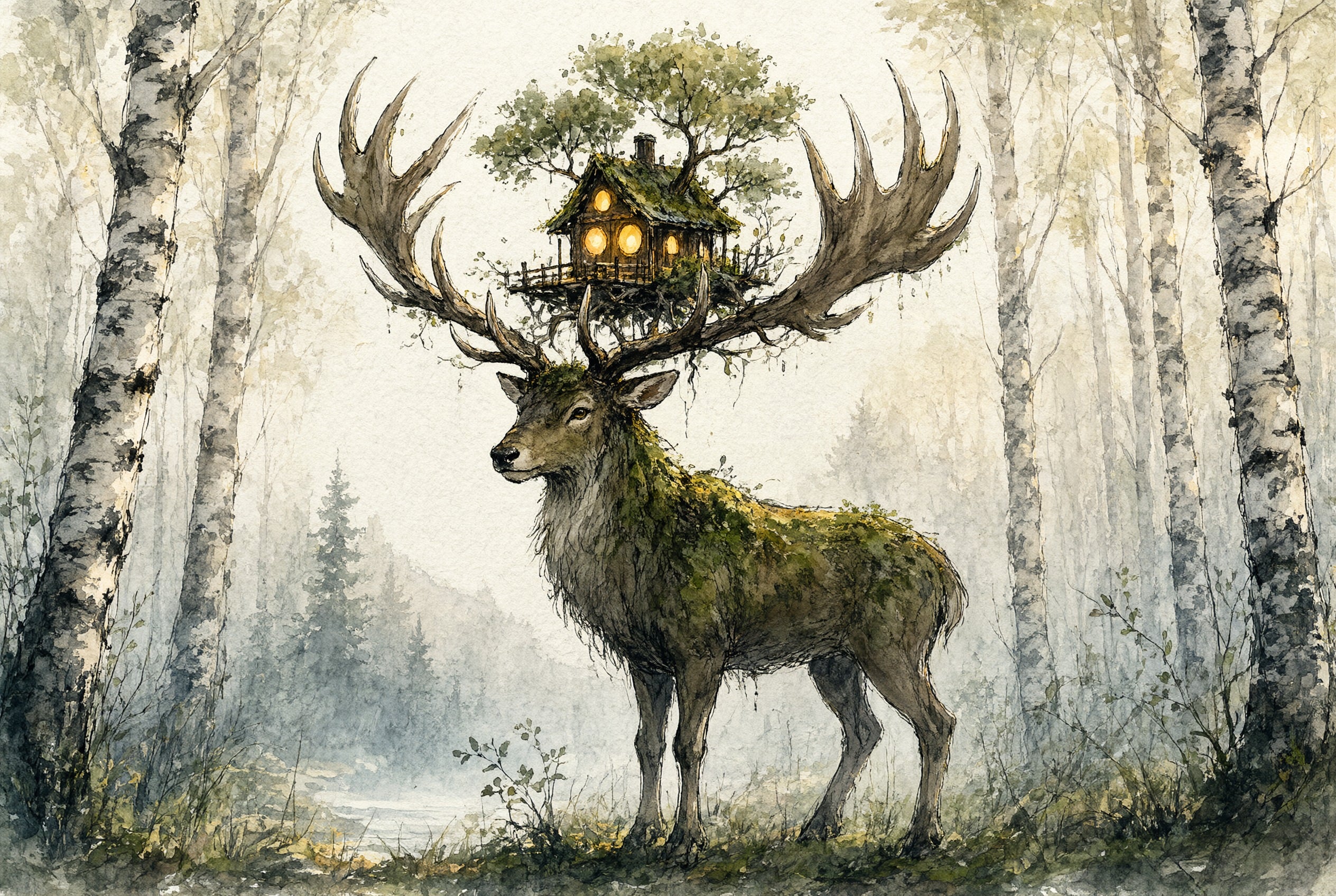 Une peinture à l’encre et à l’aquarelle d’un cerf couvert de mousse, avec une cabane lumineuse perchée dans ses bois, debout dans une forêt de bouleaux brumeuse