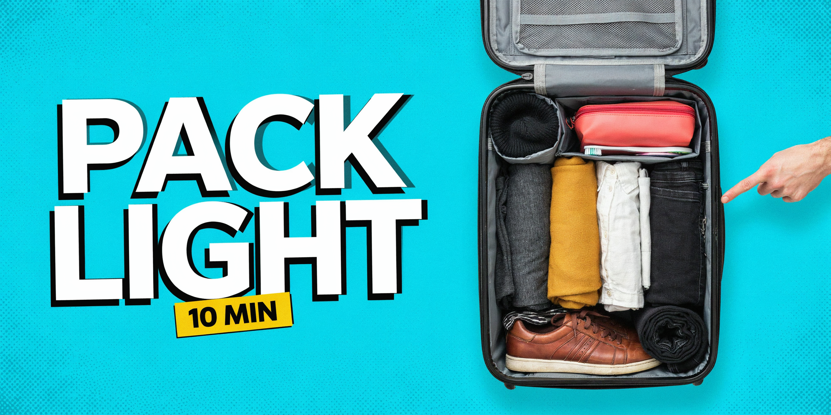 A bright cyan YouTube thumbnail reading PACK LIGHT with a small yellow tag next to an open, neatly packed suitcase