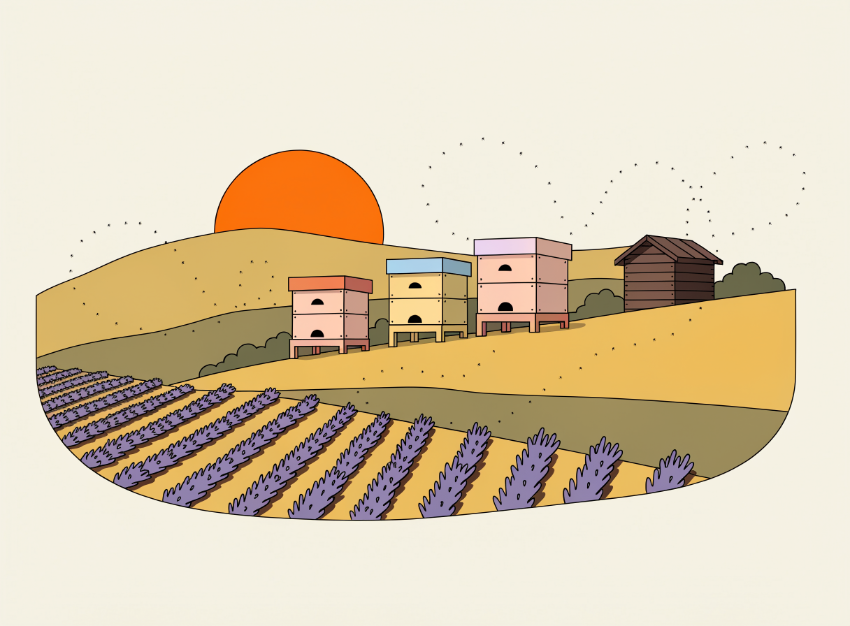 A flat illustration of three pastel beehives on a hill above lavender rows at sunrise