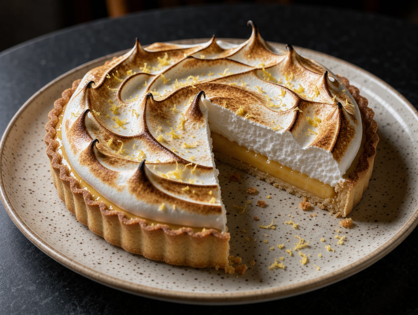 A lemon meringue tart with a scorched swirled top on a speckled plate, one slice cut away