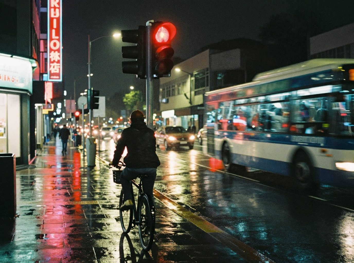 A cyclist waits at a red light on a wet city street at night as a bus passes in a blur