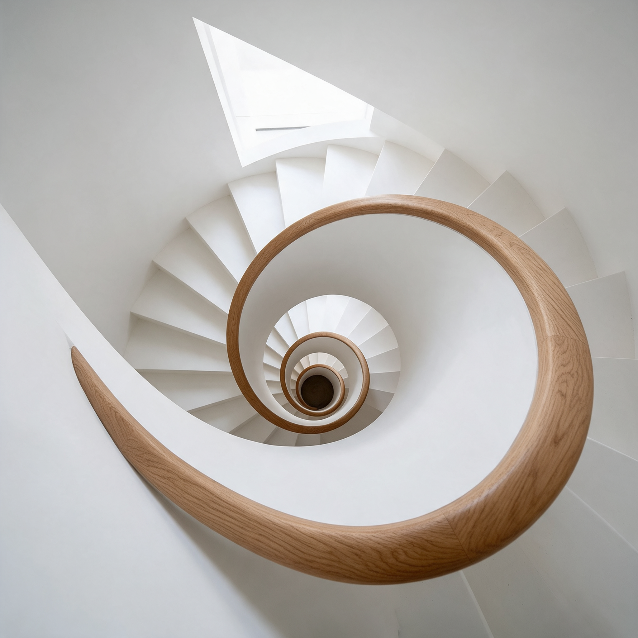 Looking down a white spiral stairwell with a curved oak handrail forming a spiral