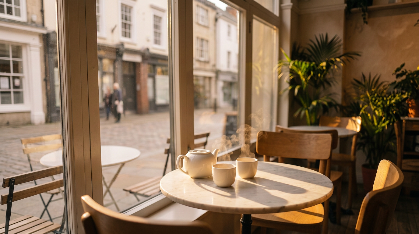 A white teapot and two cups on a marble cafe table by a window in warm golden hour light with steam rising