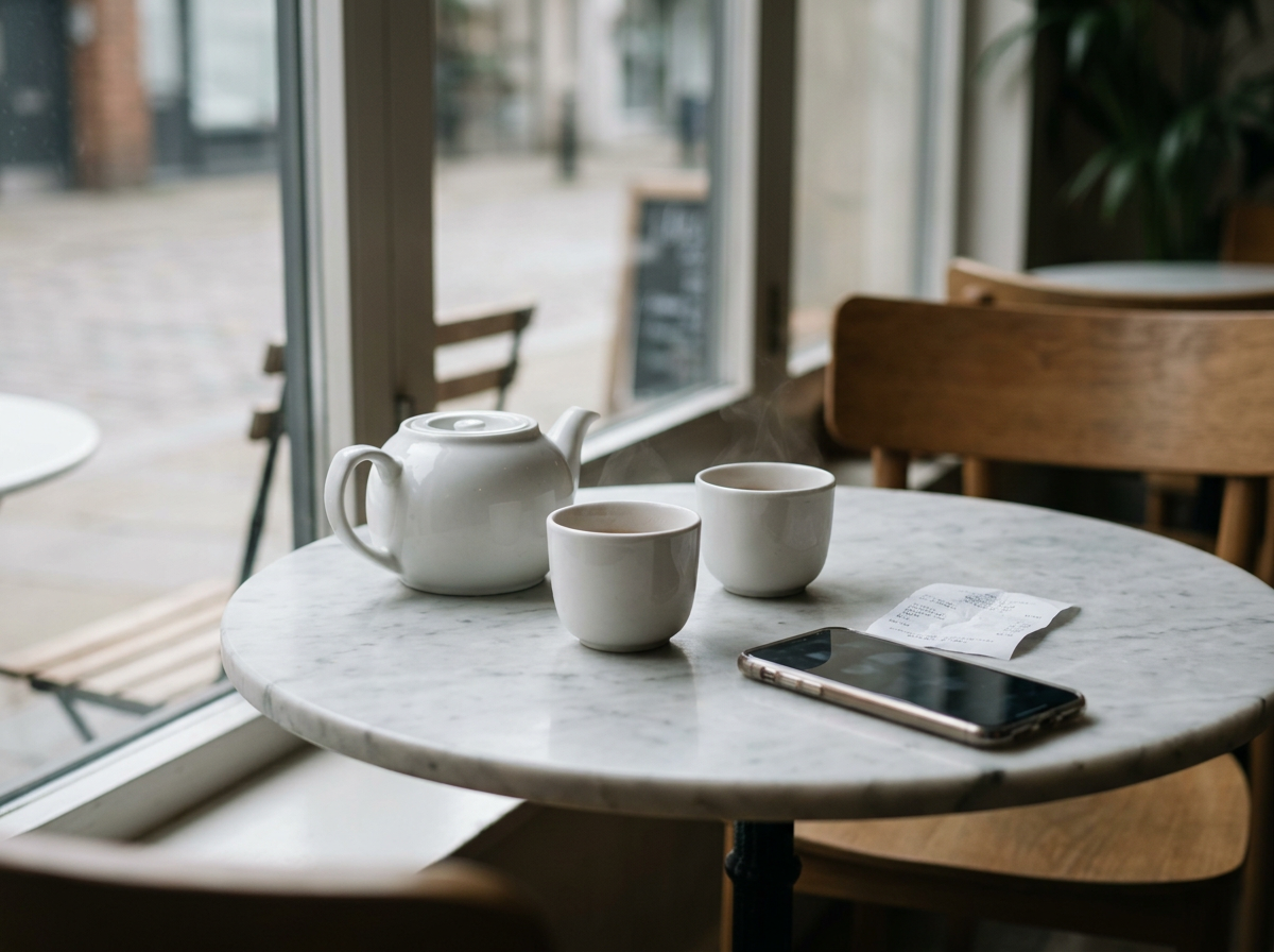 The start: a teapot and two cups on a marble cafe table, with a phone and a paper receipt beside them