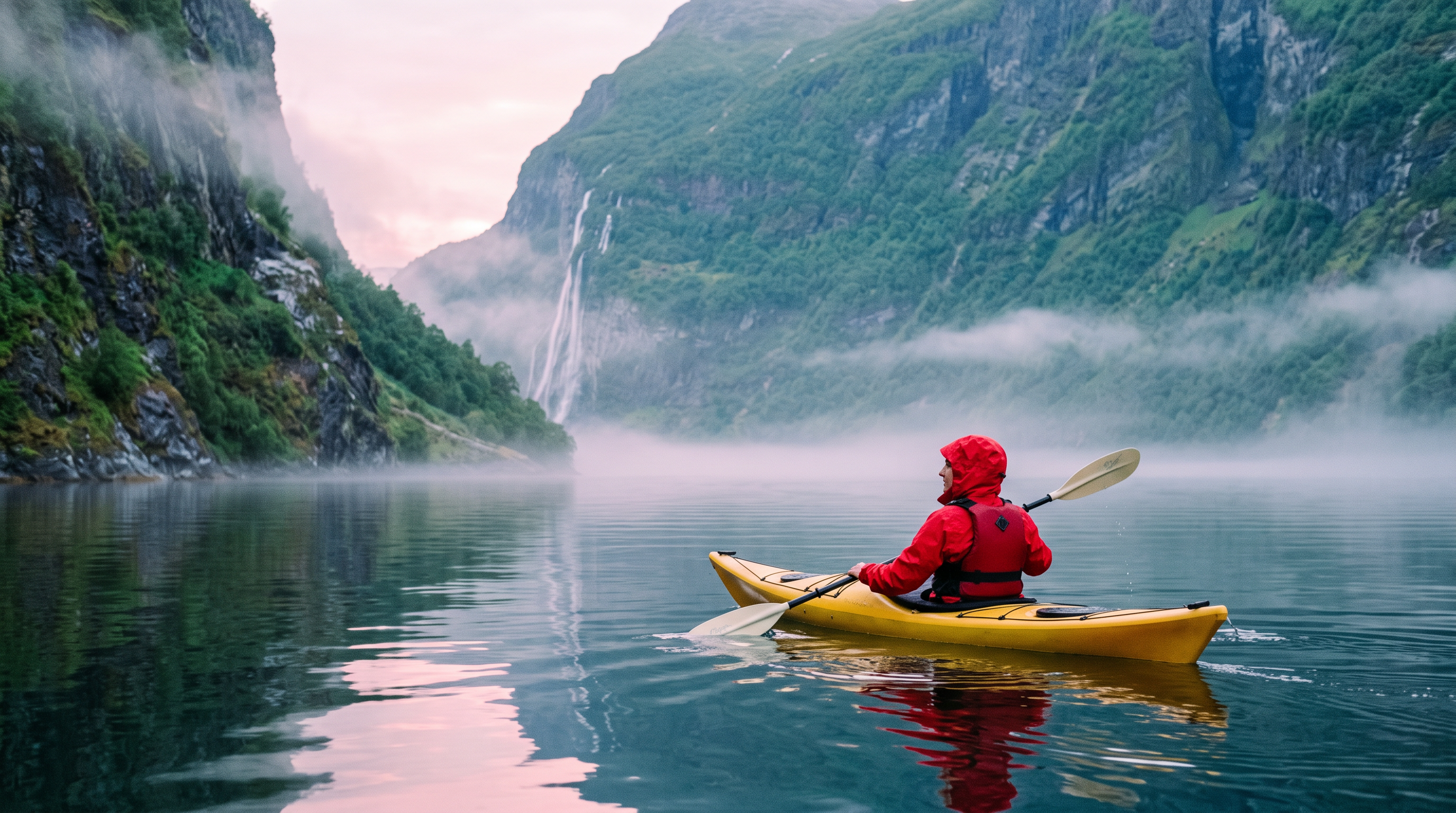 The source photo: a paddler in a red jacket in a yellow kayak on a glassy fjord with mist and a waterfall