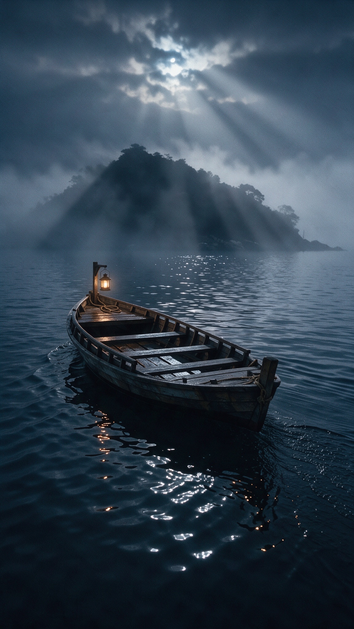 Step 1 on FLUX 3 Image: an empty wooden boat with a lantern on black water, a fog covered island and moonbeams