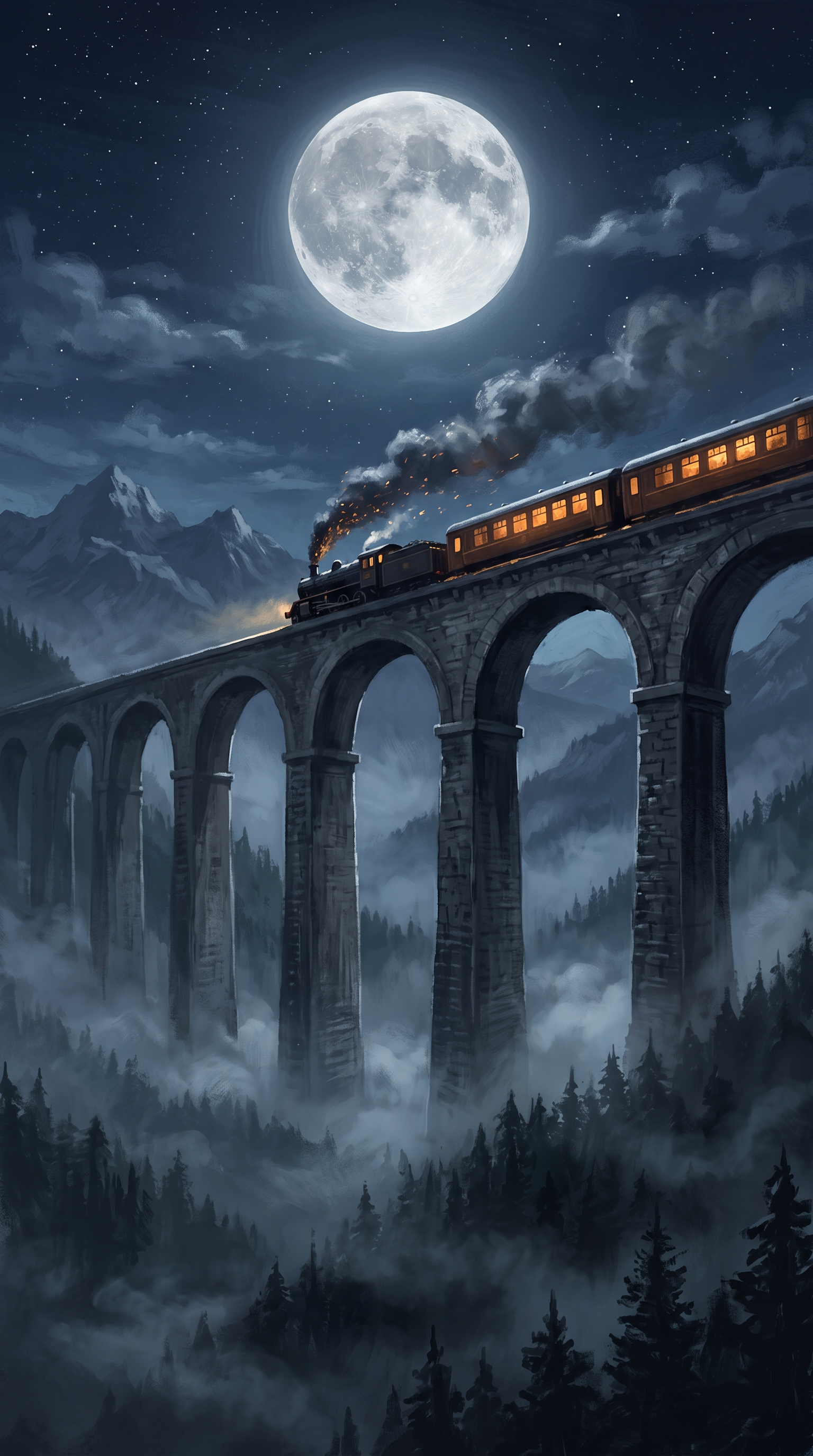 A night train with glowing windows crosses a tall stone viaduct under a full moon