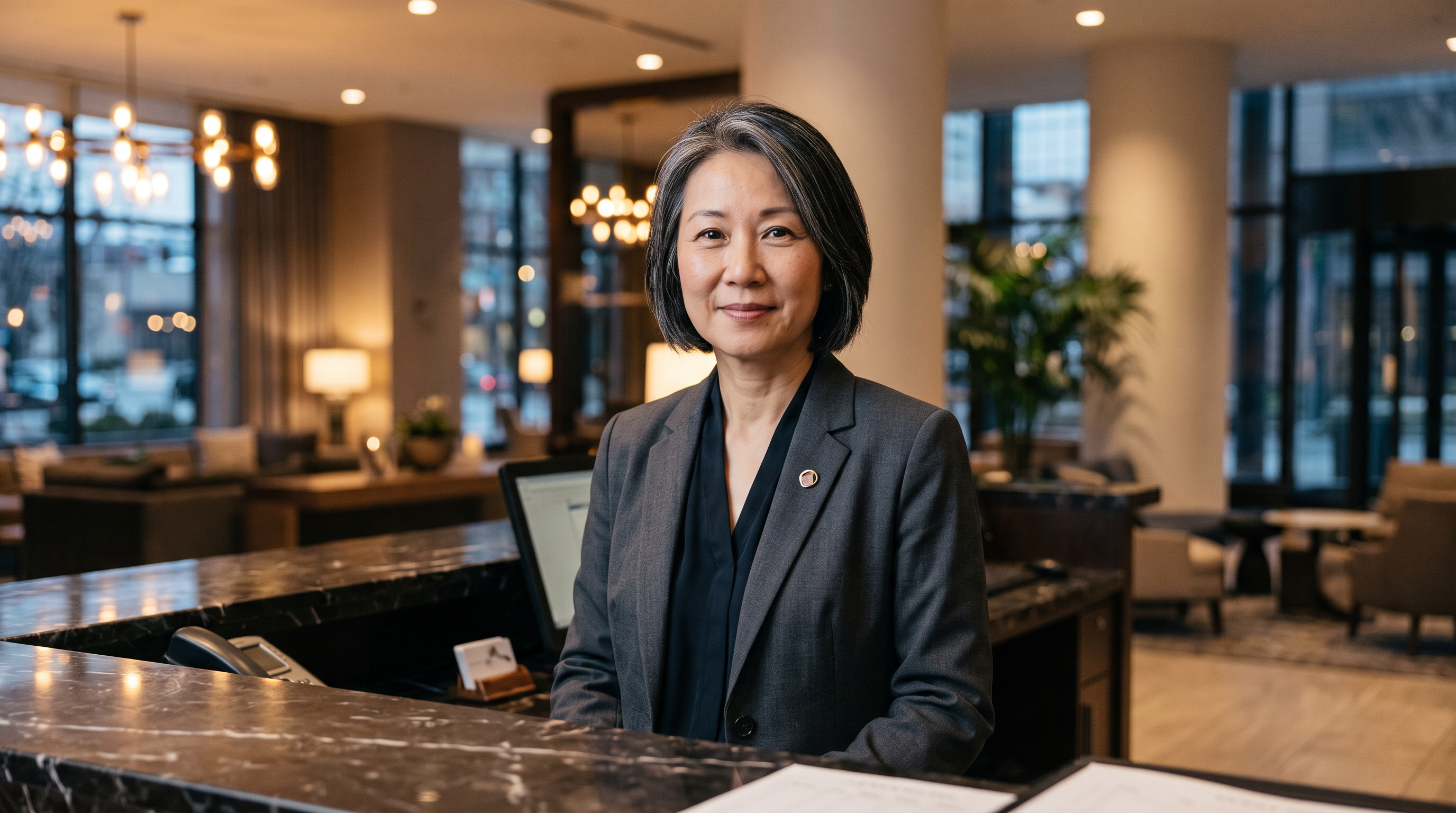 The presenter photo: a supervisor with grey streaked black hair in a charcoal blazer behind a marble desk