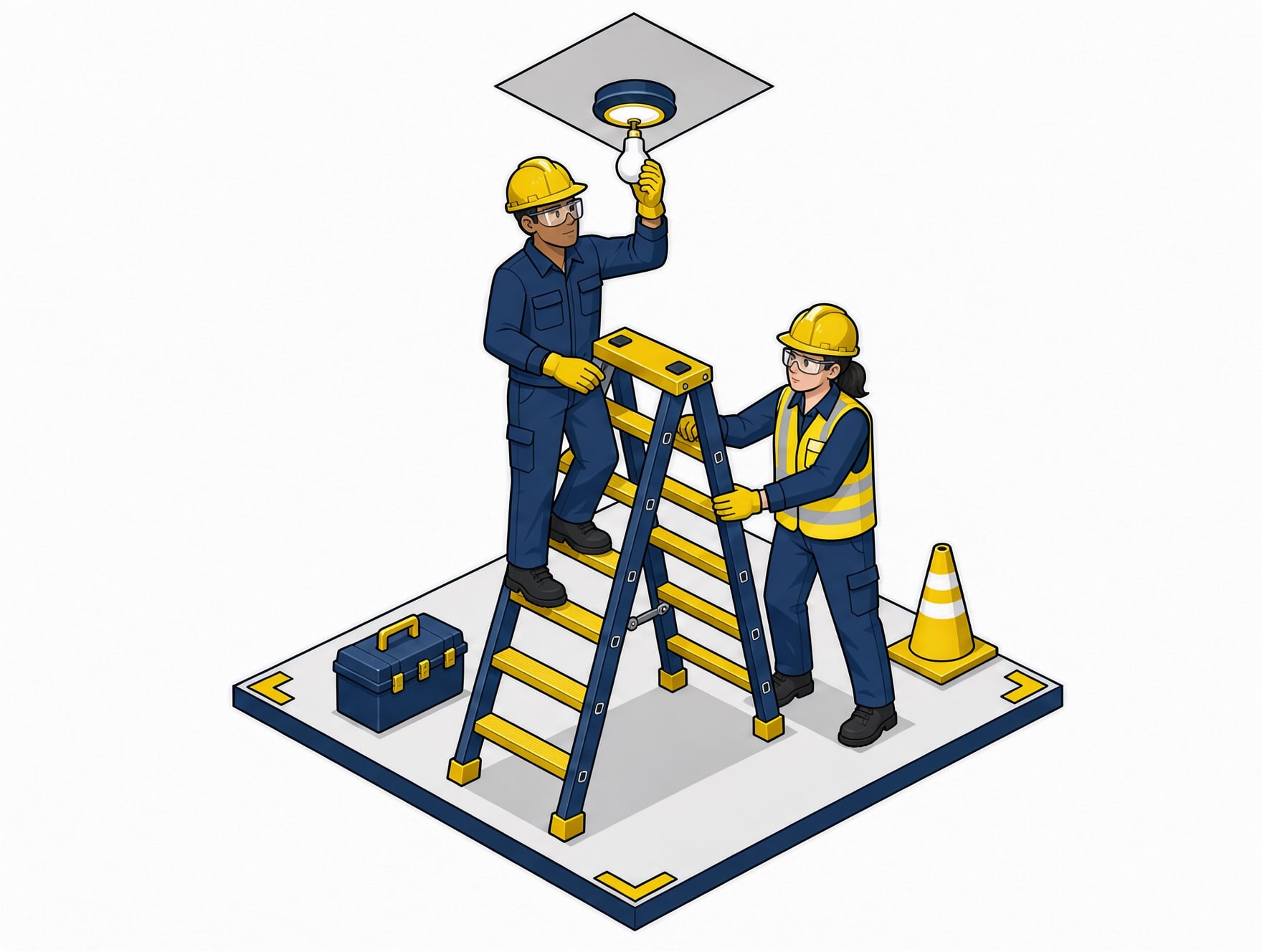 An isometric illustration of a worker on a stepladder changing a ceiling light while a coworker holds the ladder
