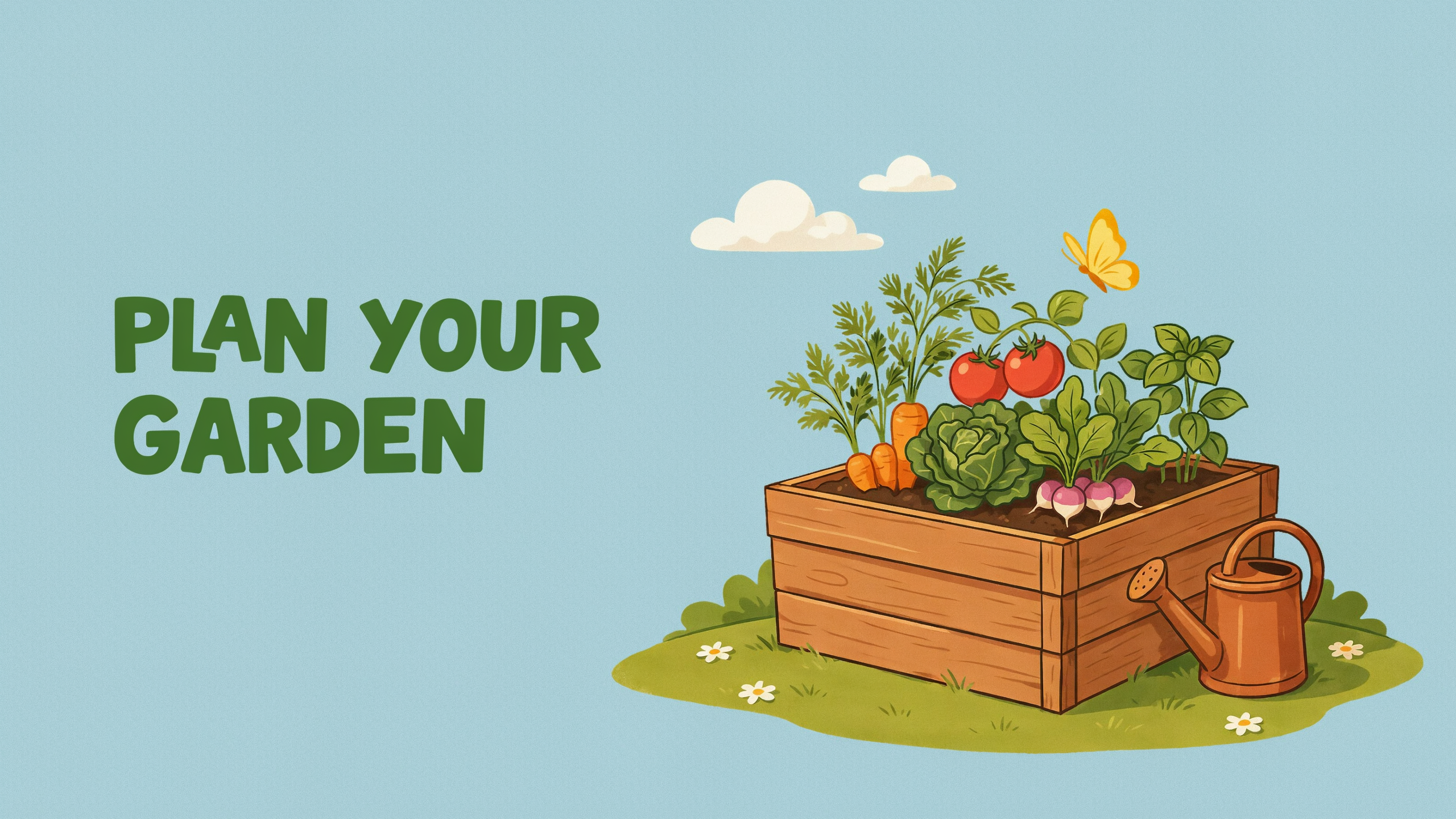 An app store graphic reading PLAN YOUR GARDEN beside an illustrated raised vegetable bed