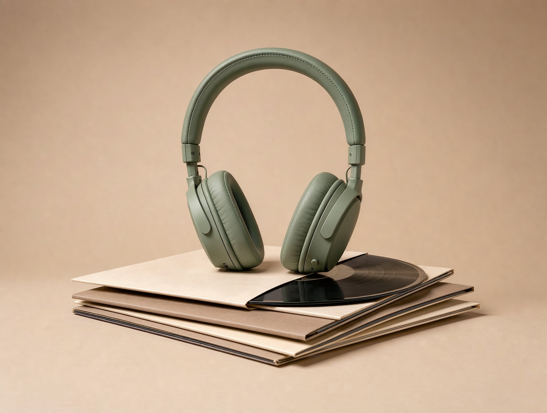 FLUX 3 Image: sage green headphones stand upright on a stack of records against beige