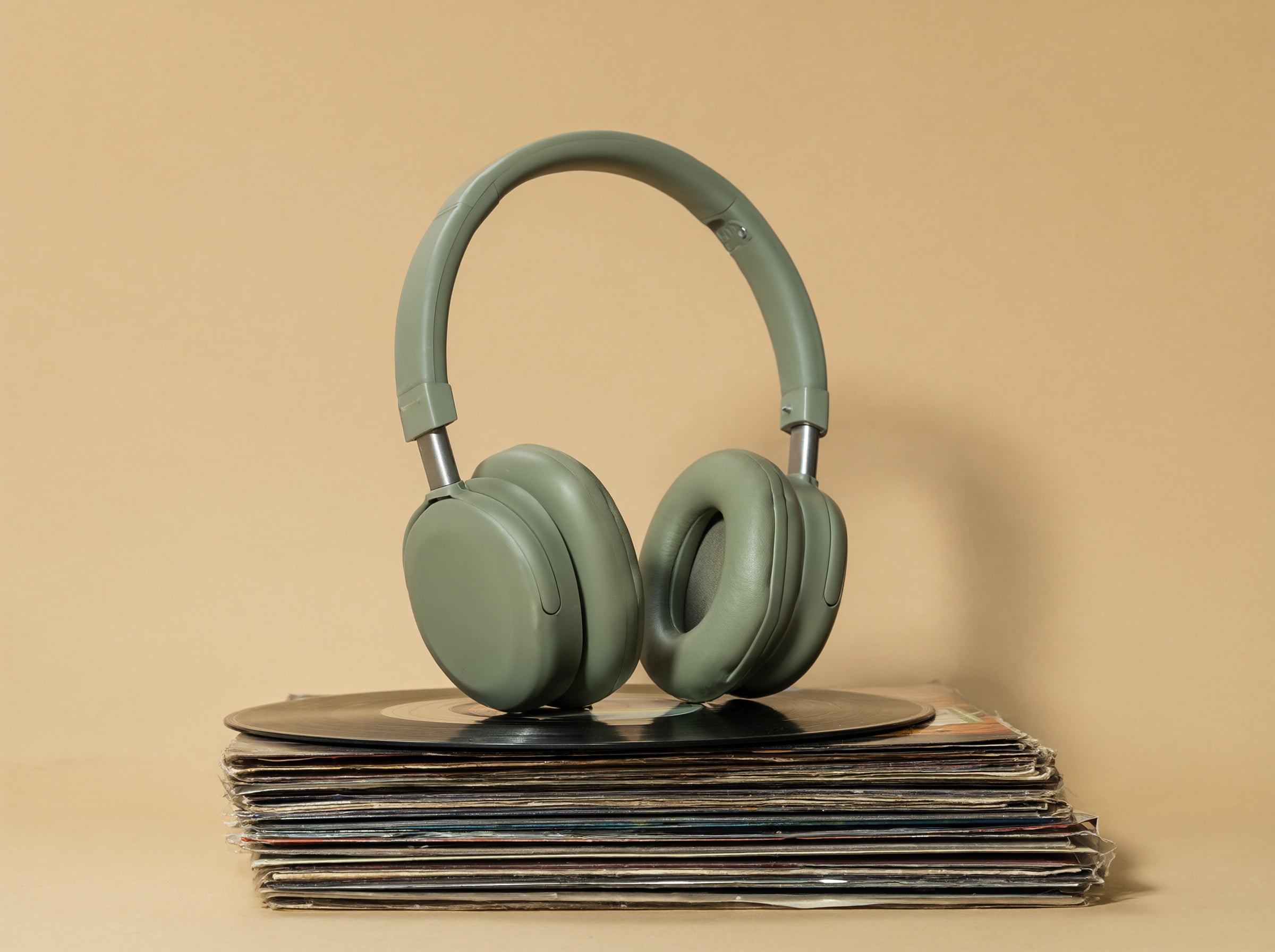 Qwen Image 2.1: the headphones stand on a taller, neater stack of records