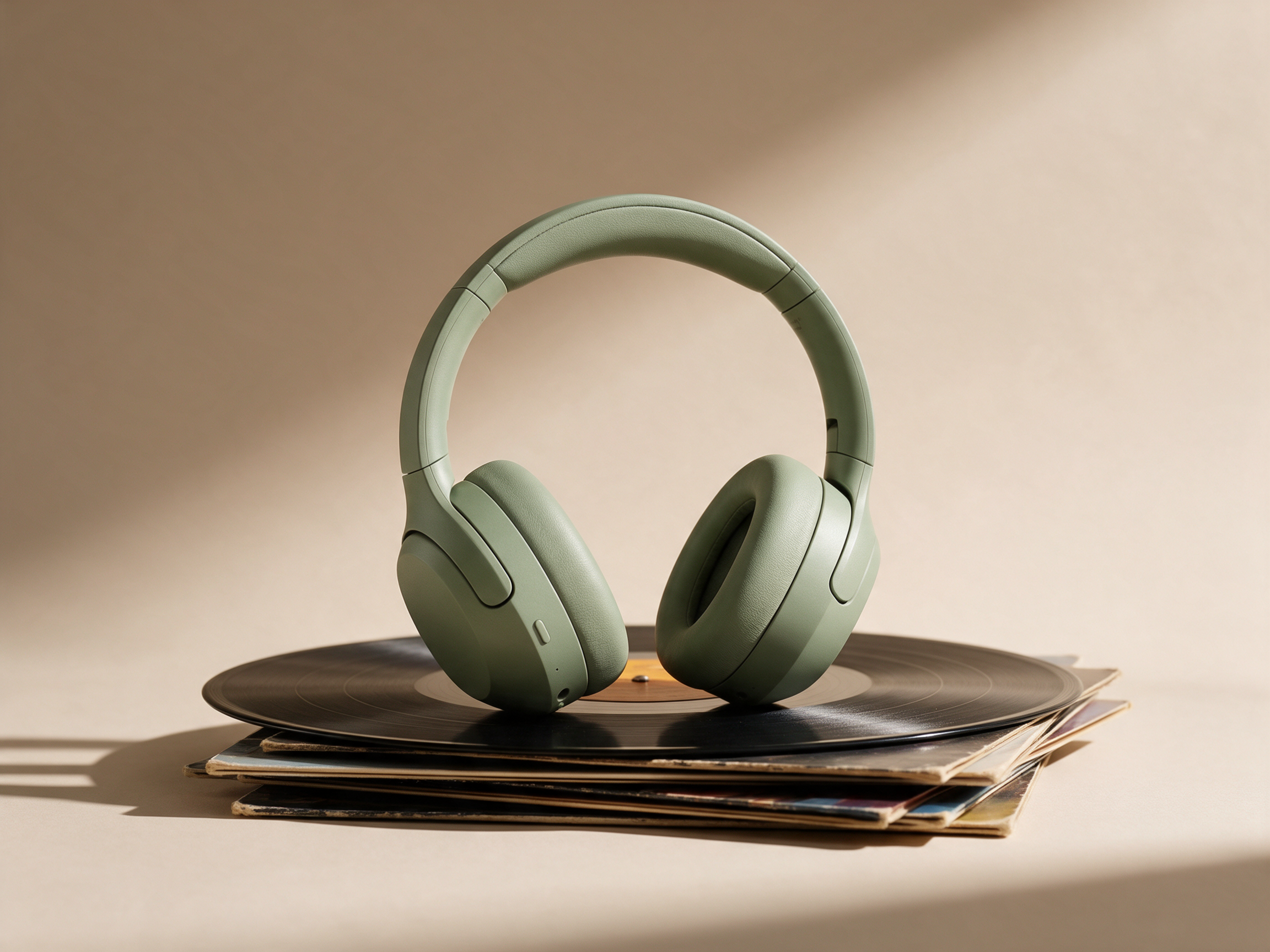 Seedream 5: the headphones on the records with a hard window shadow across the backdrop