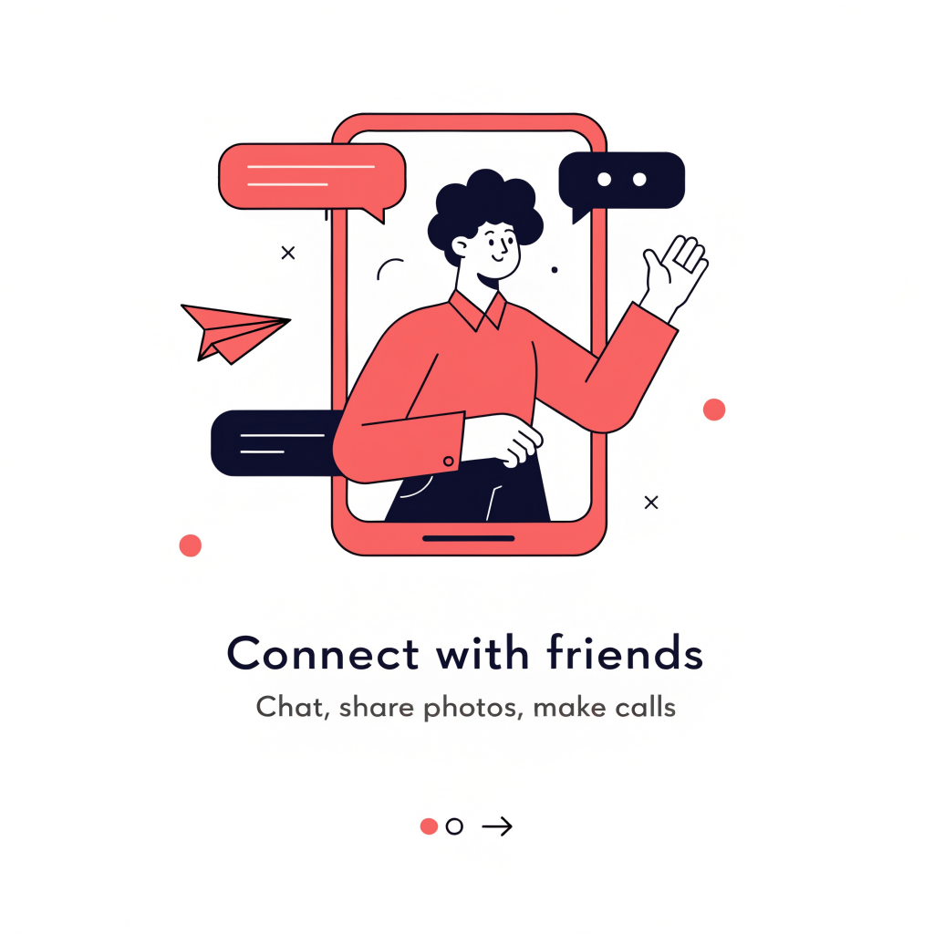 A flat vector illustration of a person waving from a smartphone screen with chat bubbles and a paper plane